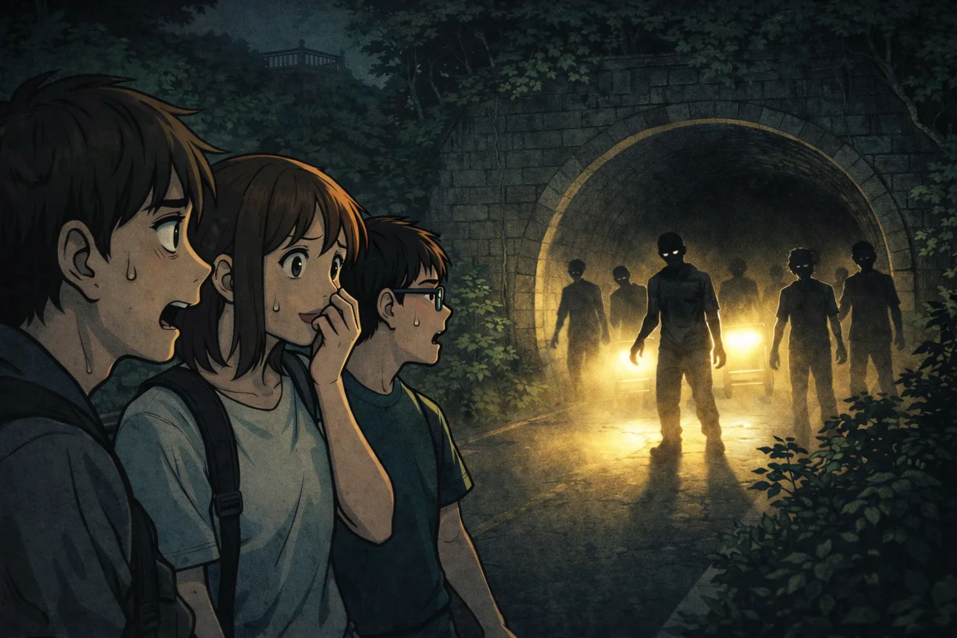 Japanese Ghost Story illustration "title: The Zombies in the Tunnel"