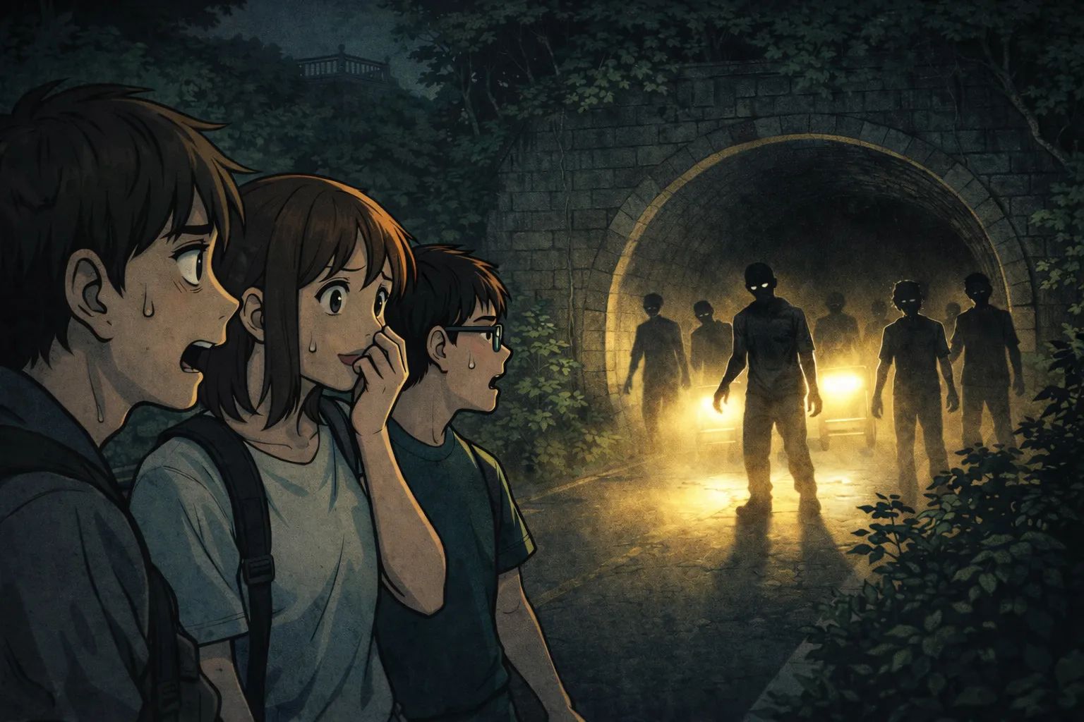 Japanese Ghost Story illustration "title: The Zombies in the Tunnel"