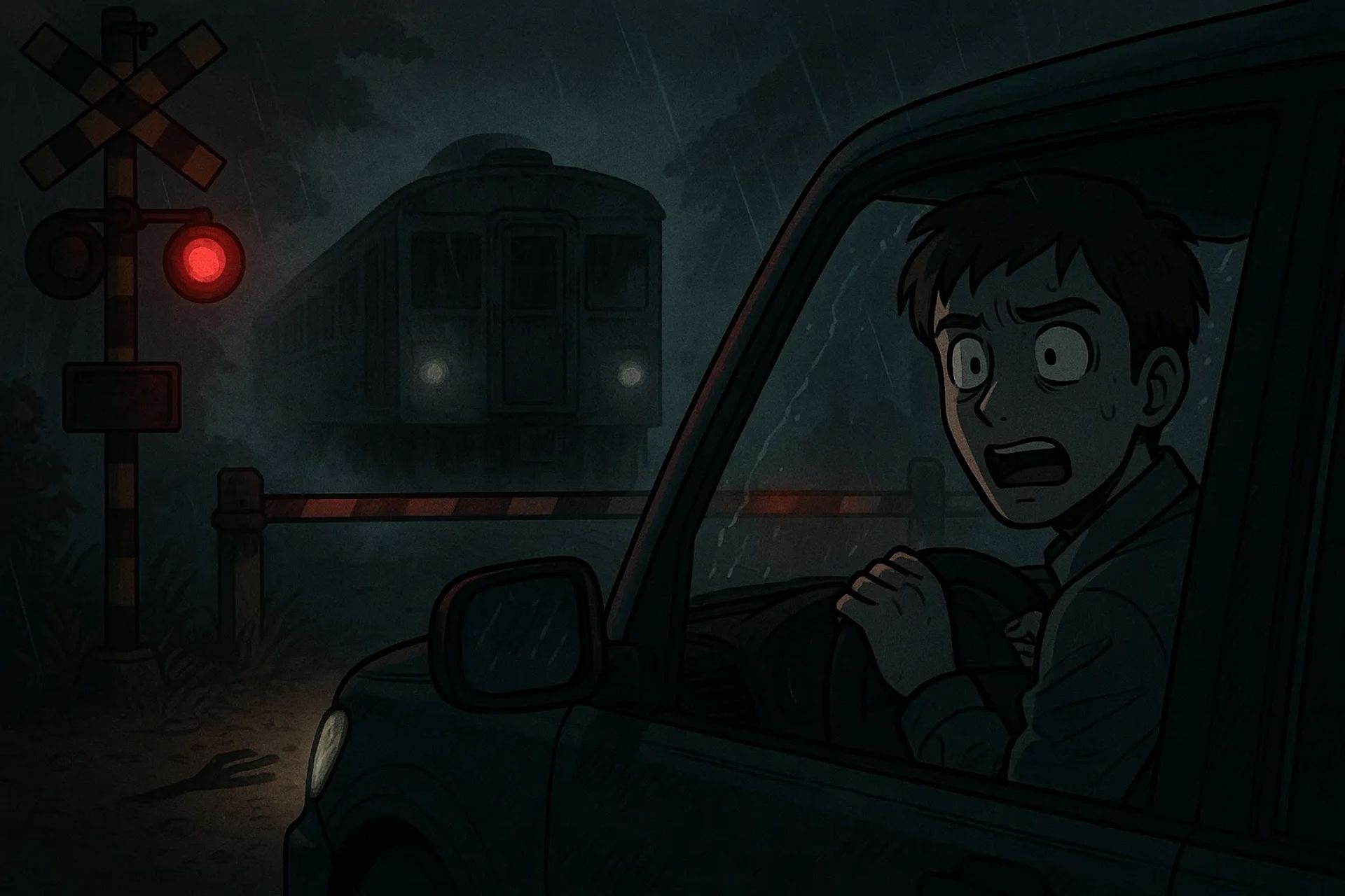 Japanese Ghost Story illustration "title: The Railroad Crossing Deep in the Mountains"