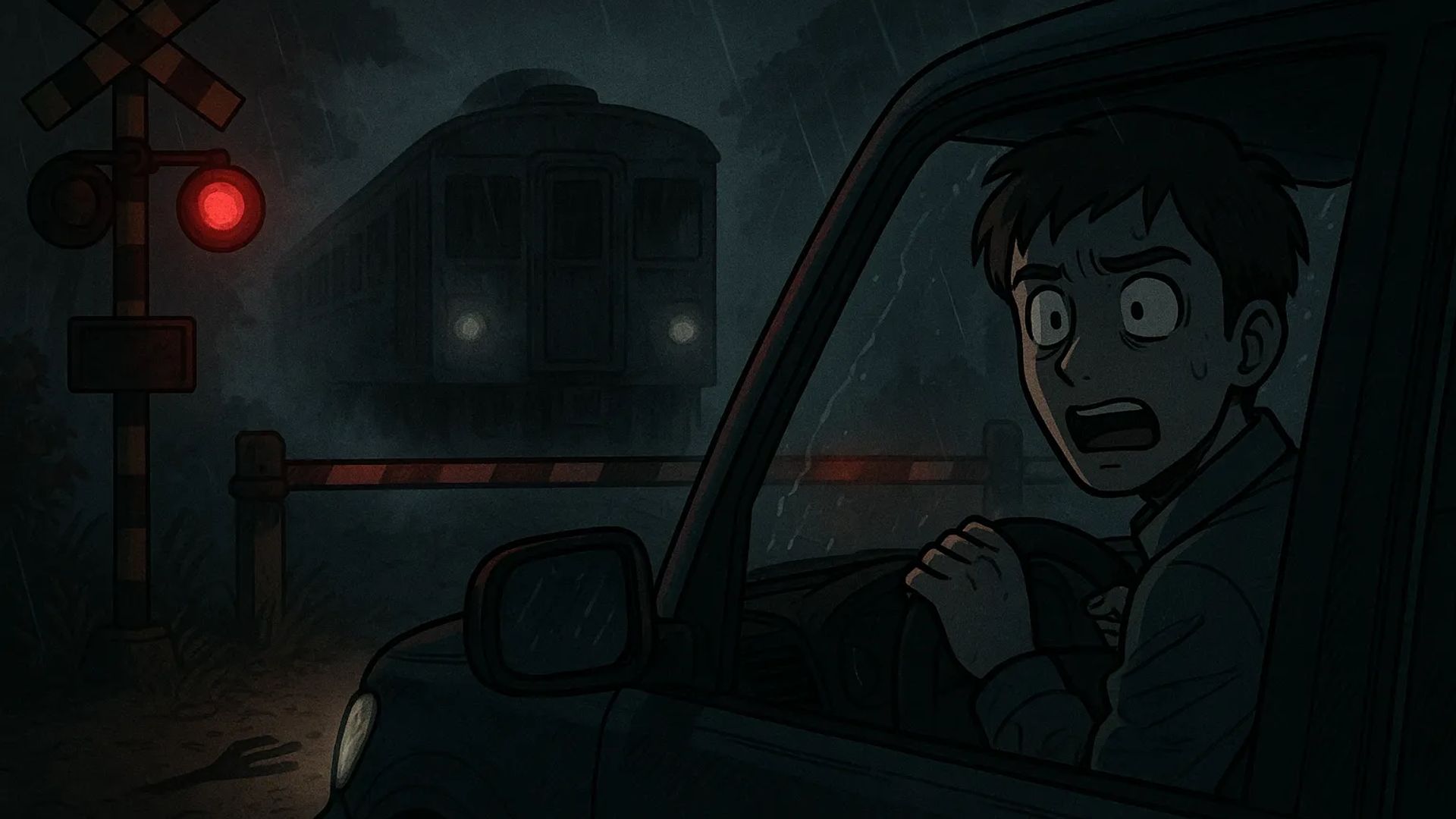 Japanese Ghost Story illustration "title: The Railroad Crossing Deep in the Mountains"