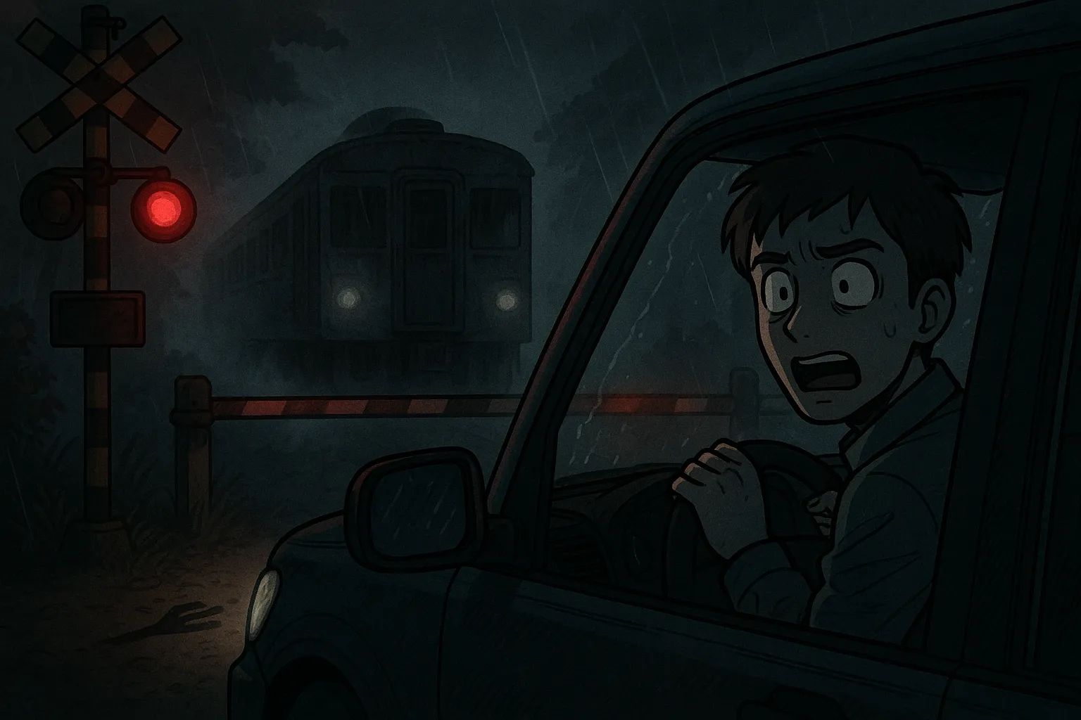 Japanese Ghost Story illustration "title: The Railroad Crossing Deep in the Mountains"