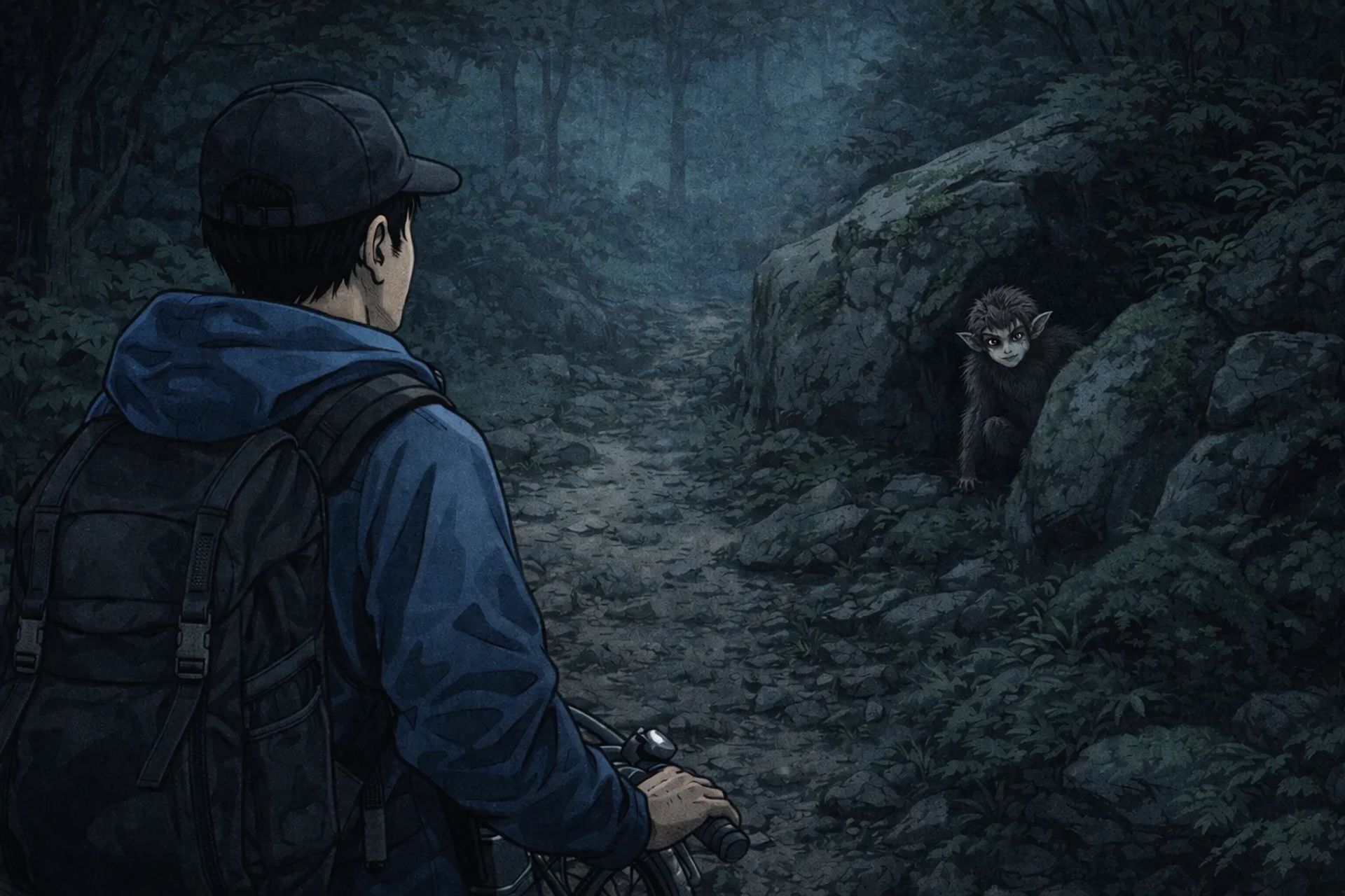 Japanese Ghost Story illustration "title: The One Who Walks the Deep Mountains"