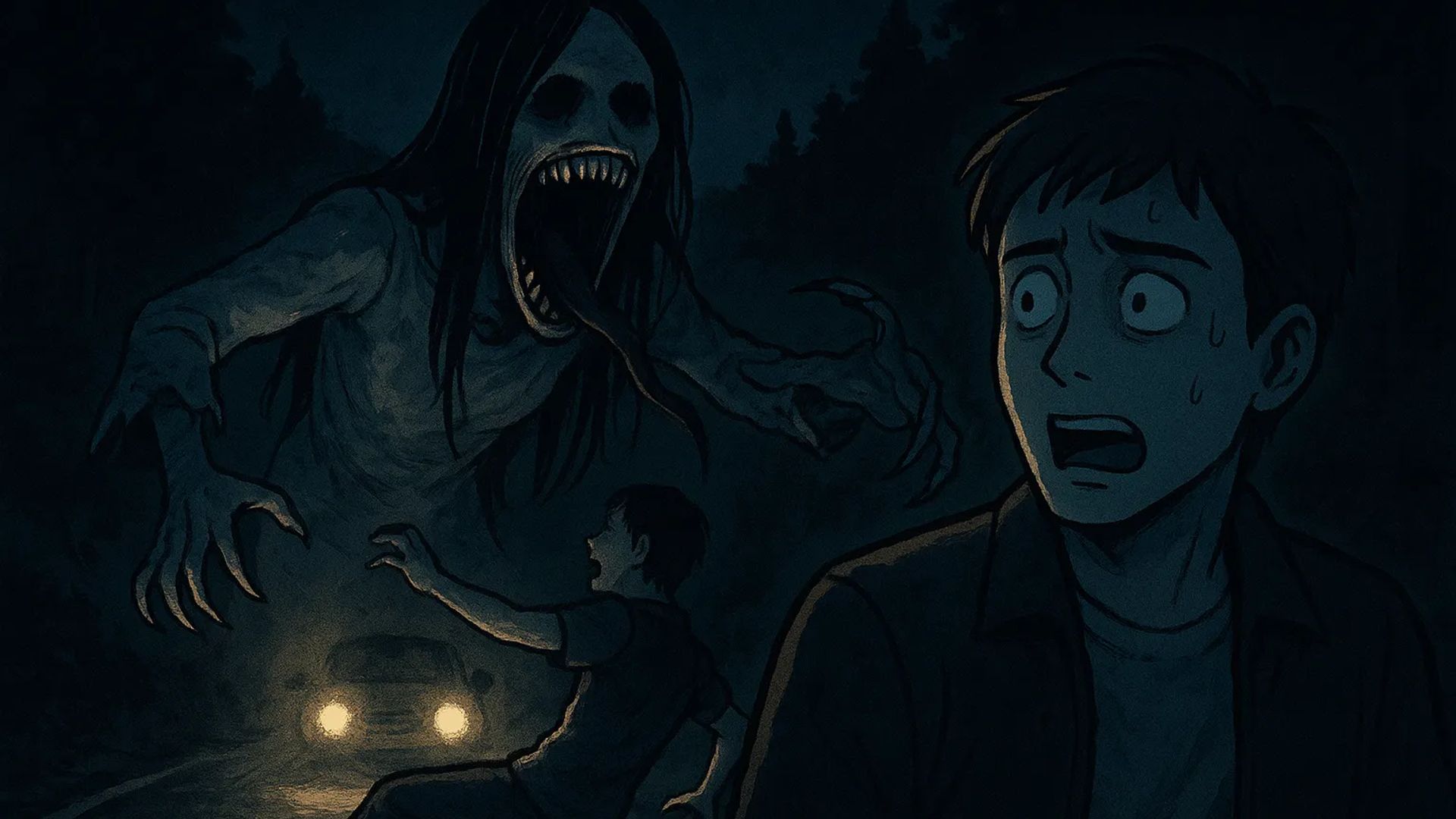 Japanese Ghost Story illustration "title: The Rest of the Slit-Mouthed Woman's Story"