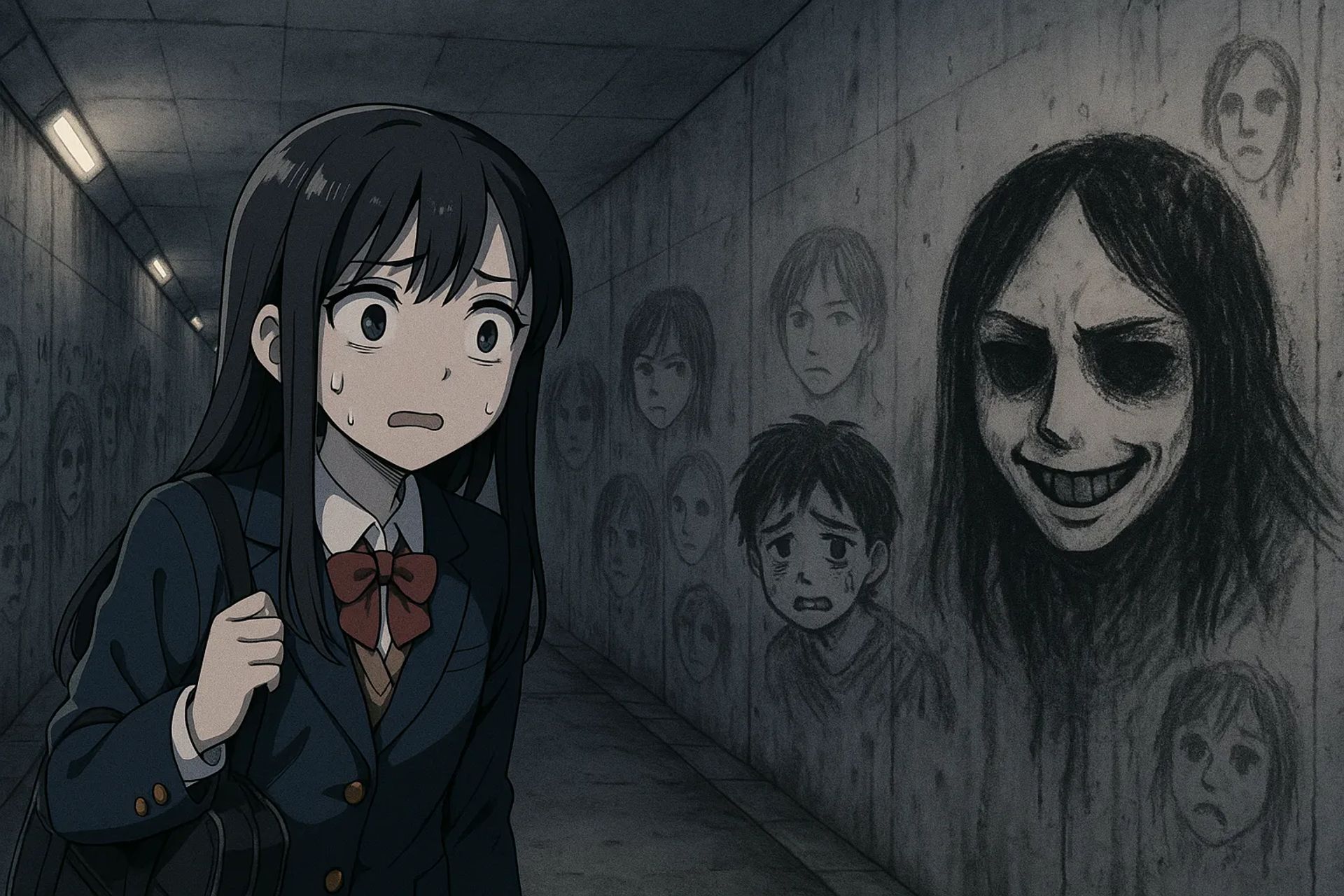 Japanese Ghost Story illustration "title: The Faces in the Underpass"