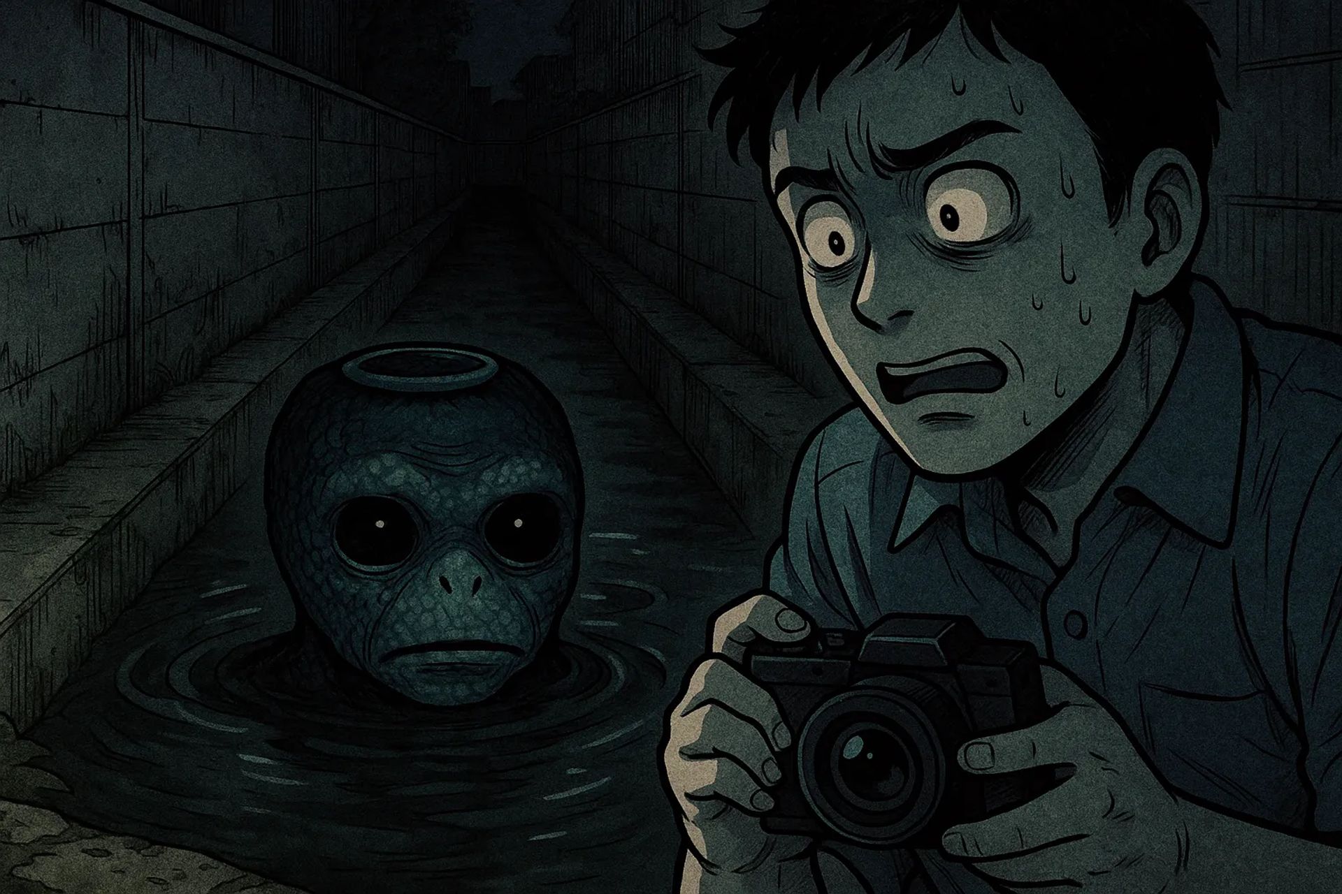 Japanese Ghost Story illustration "title: The Eyes Beneath the Water"