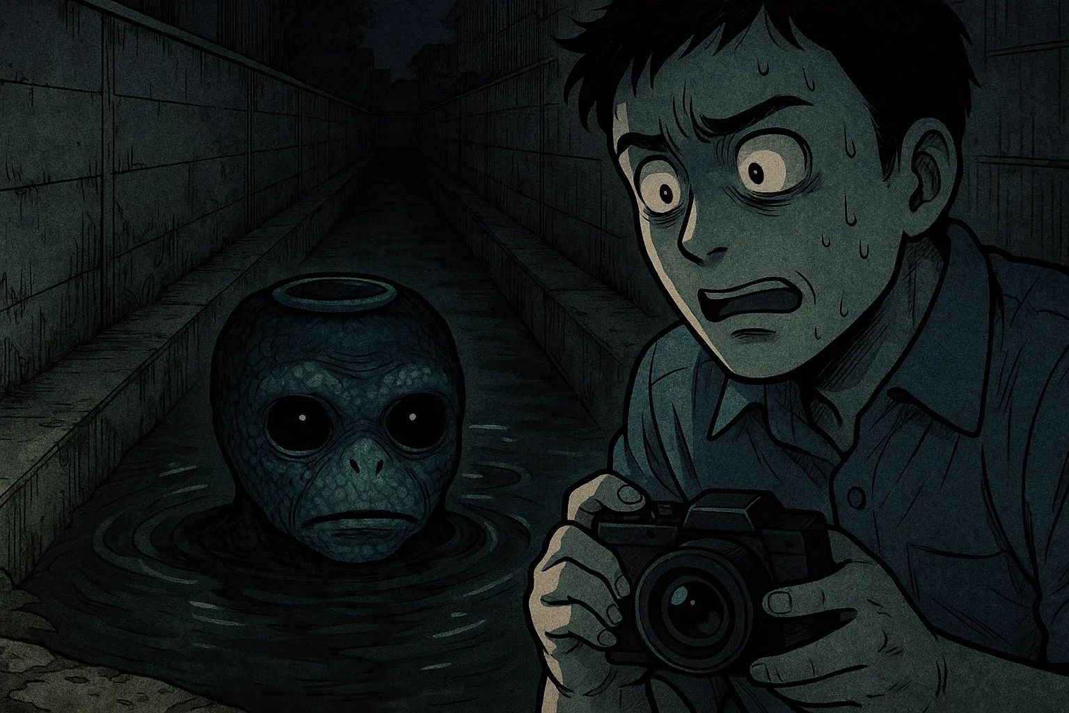 Japanese Ghost Story illustration "title: The Eyes Beneath the Water"