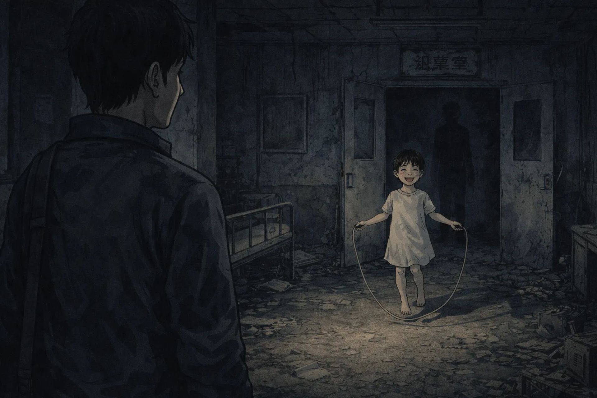 Japanese Ghost Story illustration "title: The Child in the Abandoned Hospital"