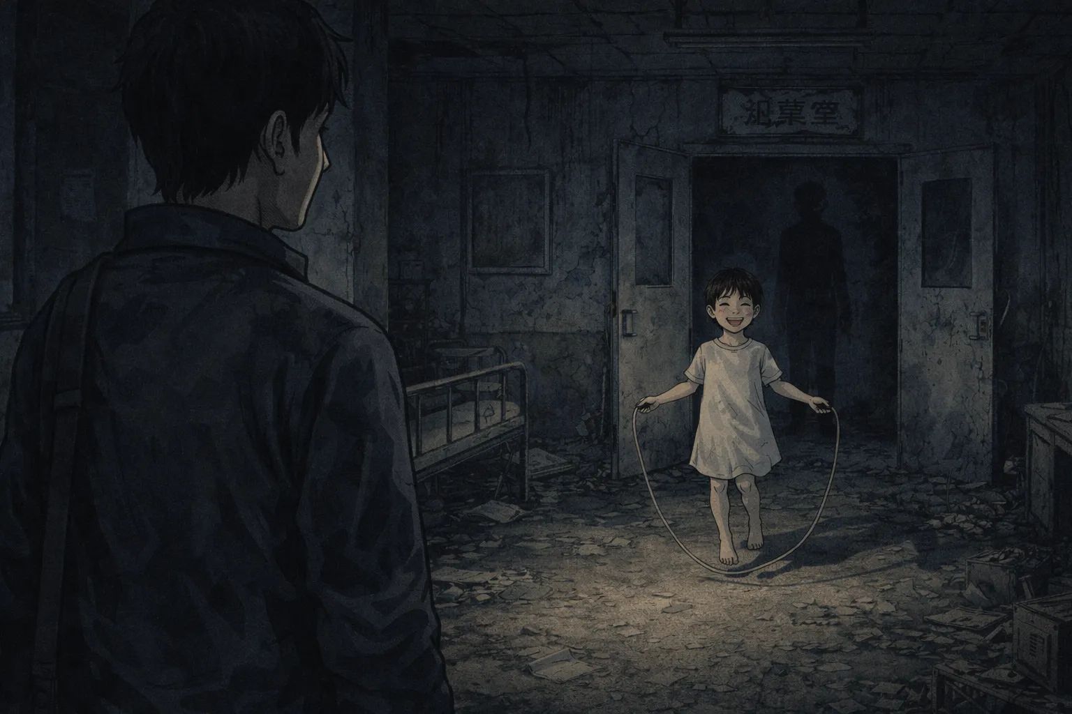 Japanese Ghost Story illustration "title: The Child in the Abandoned Hospital"