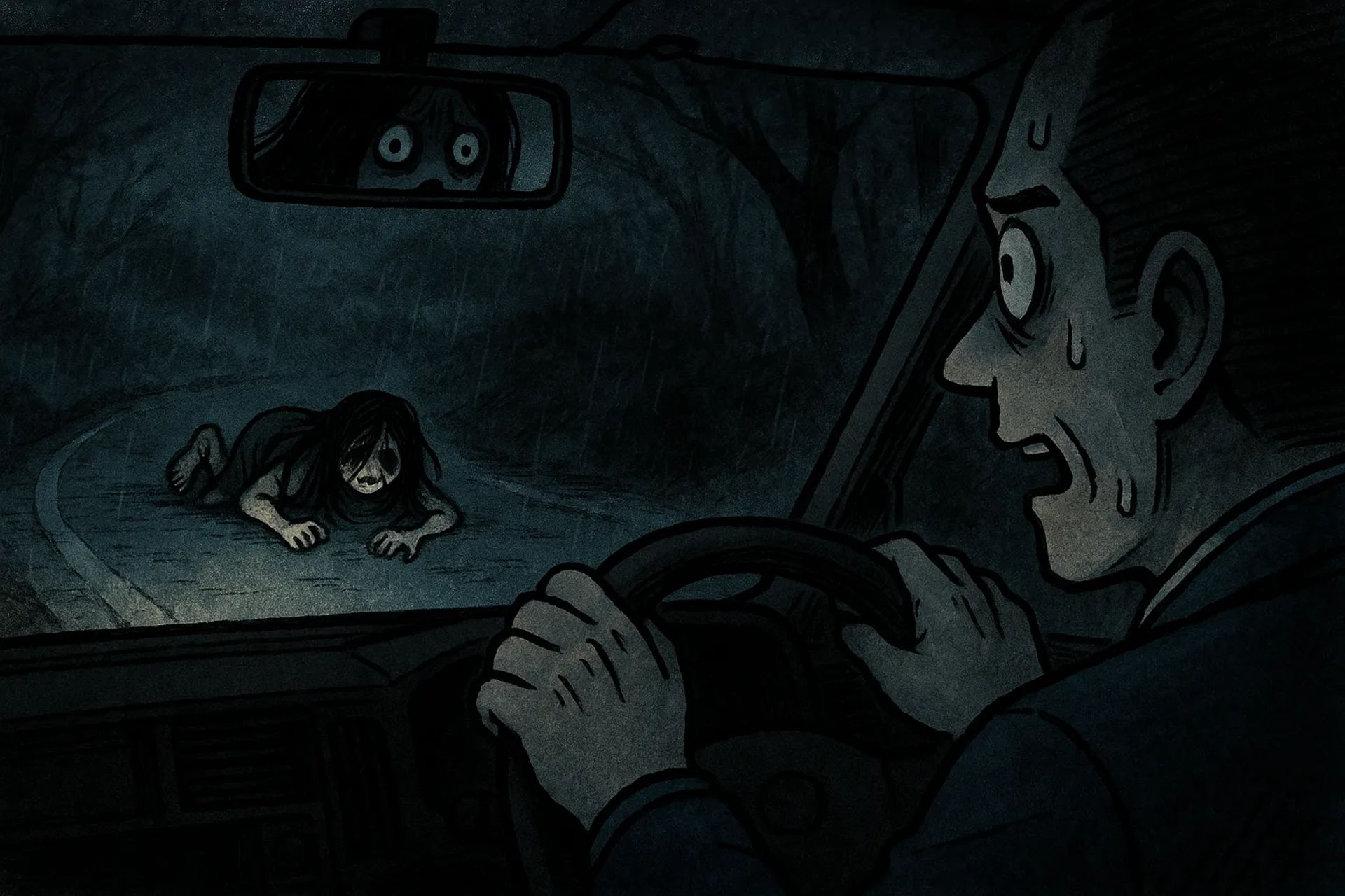 Japanese Ghost Story illustration "title: The Woman Heading to the Waterfall"