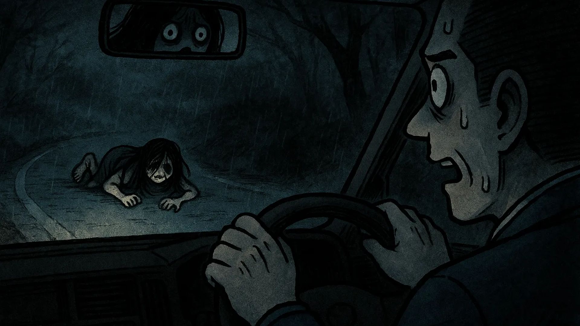 Japanese Ghost Story illustration "title: The Woman Heading to the Waterfall"