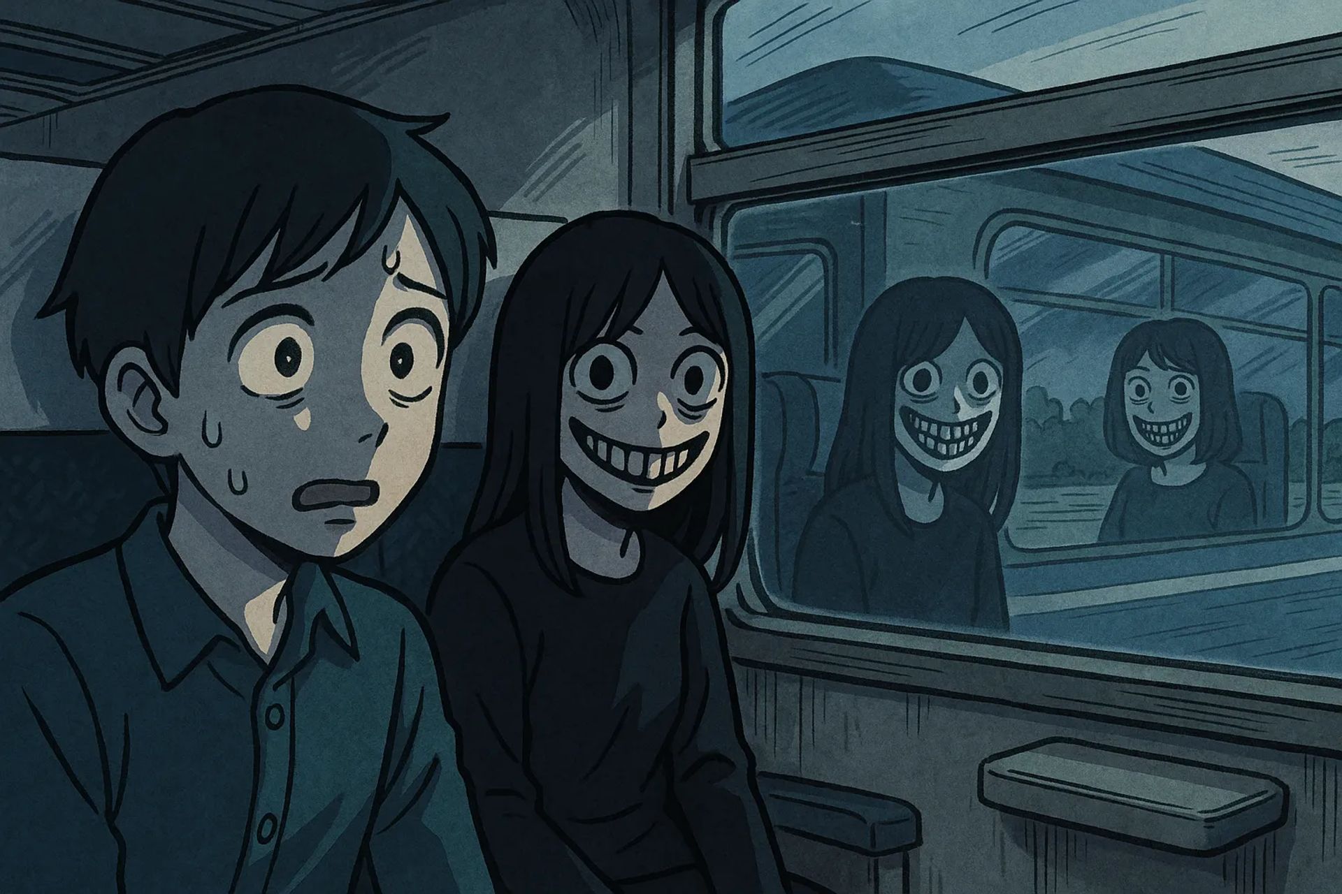 Japanese Ghost Story illustration "title: The Strange Passenger in the Last Car"
