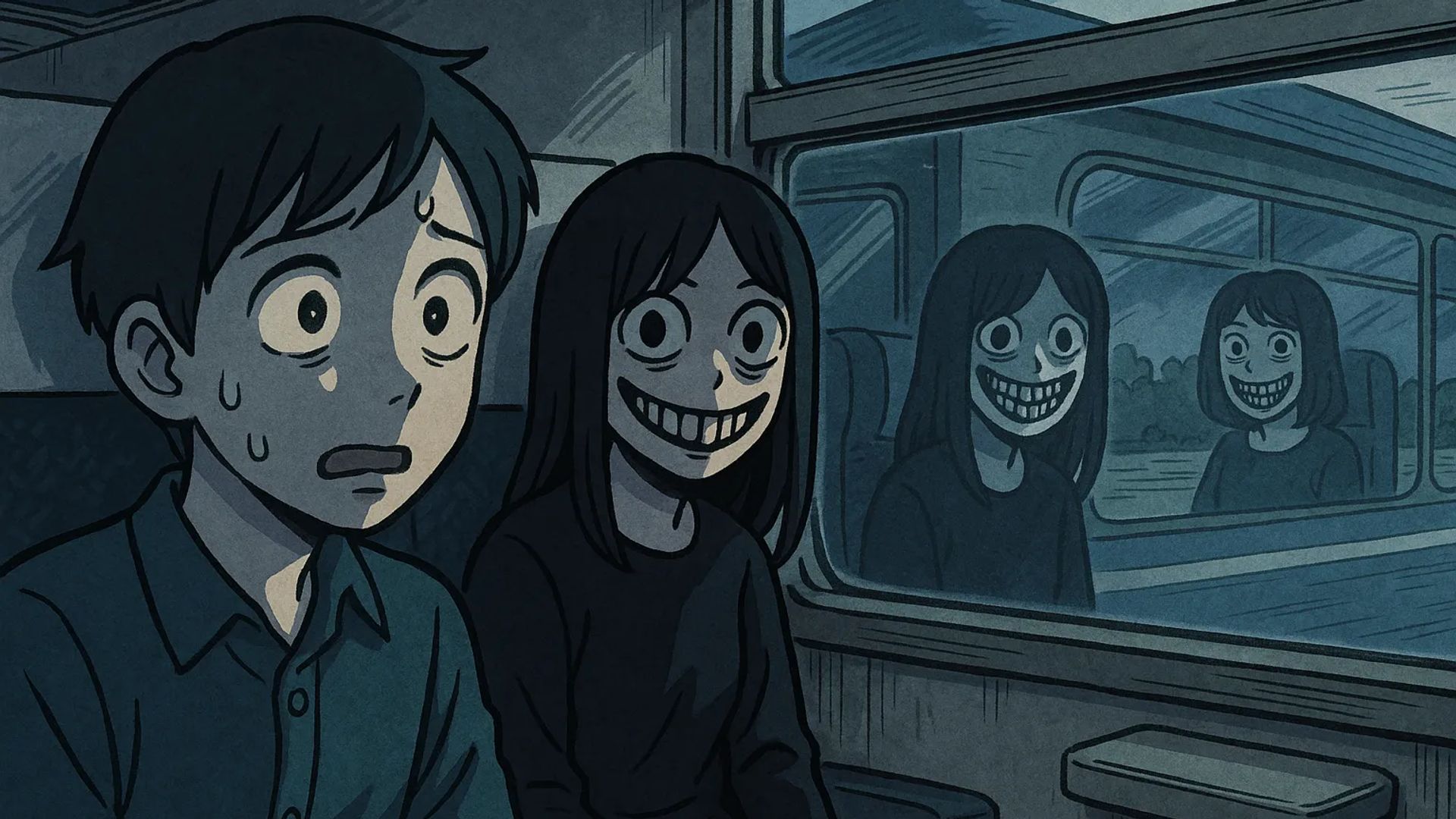 Japanese Ghost Story illustration "title: The Strange Passenger in the Last Car"