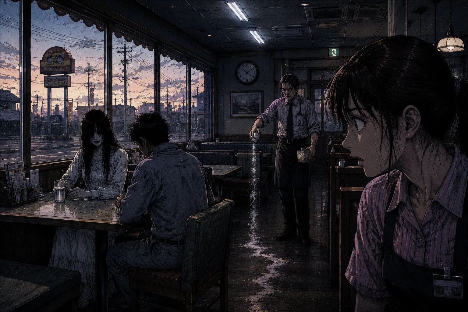 Japanese Ghost Story illustration "title: The Early Morning Family Restaurant"