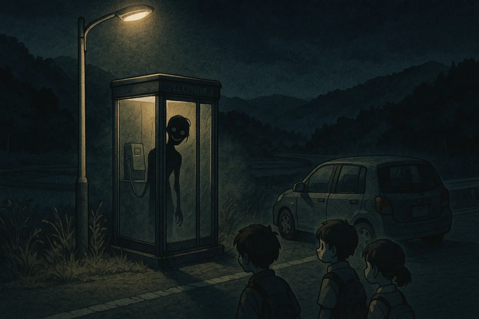 Japanese Ghost Story illustration "title: Phone Booth on the Highway"