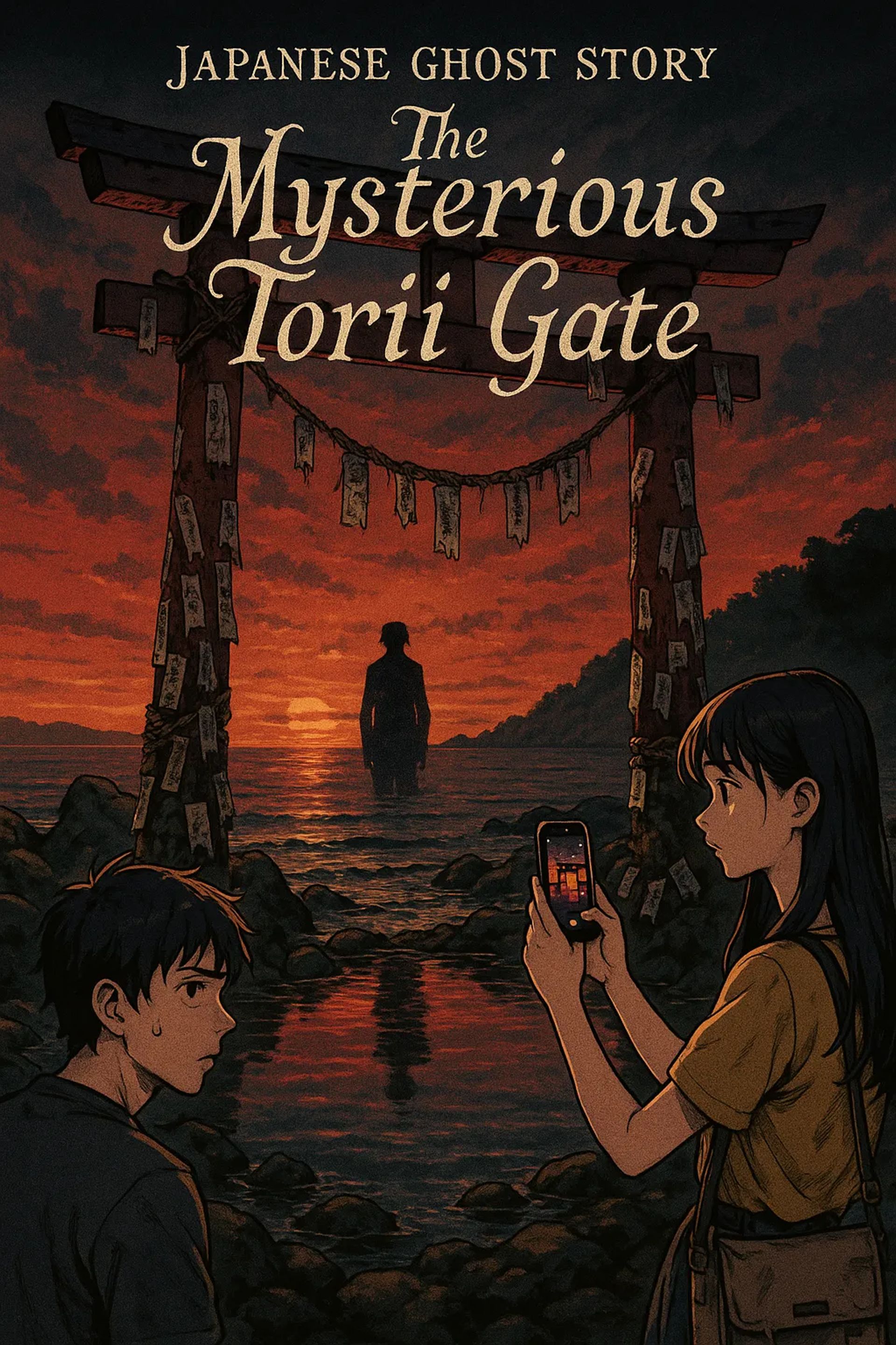 Japanese Ghost Story illustration "title: The Mysterious Torii Gate"