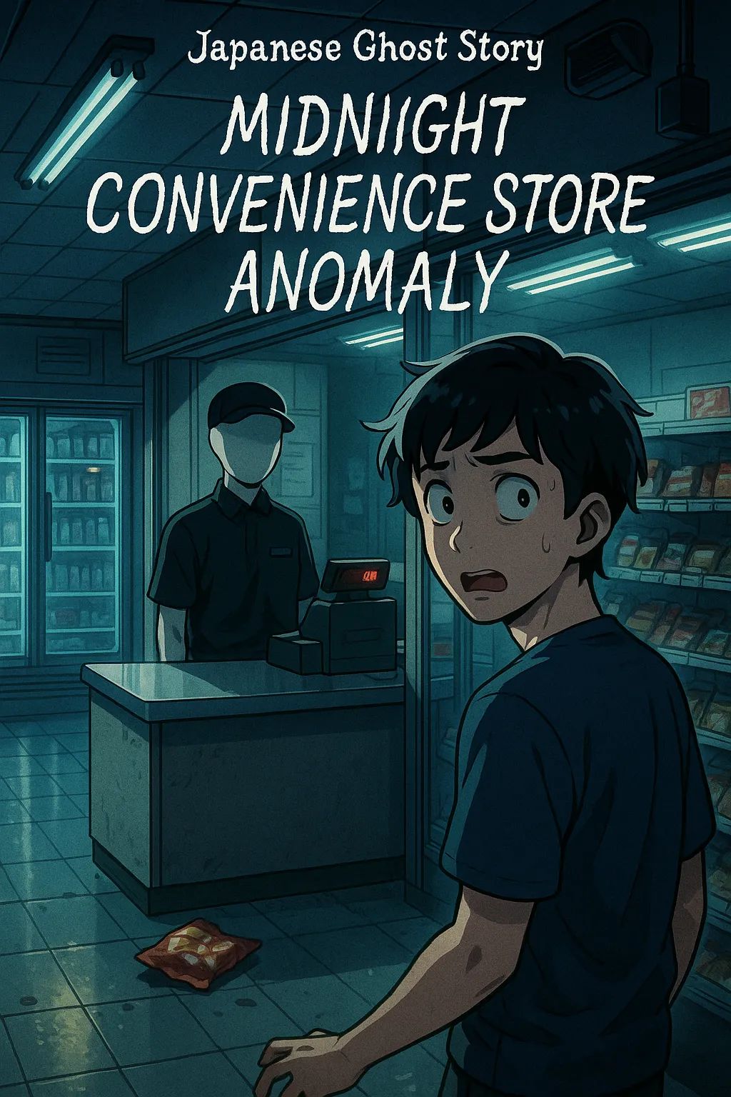 Japanese Ghost Story illustration "title: Midnight Convenience Store Anomaly"