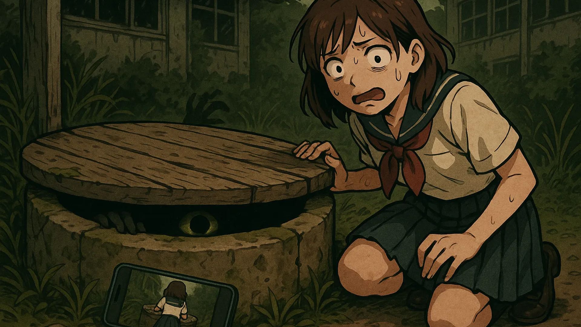 Japanese Ghost Story illustration "title: The Photo at the Bottom of the Well"