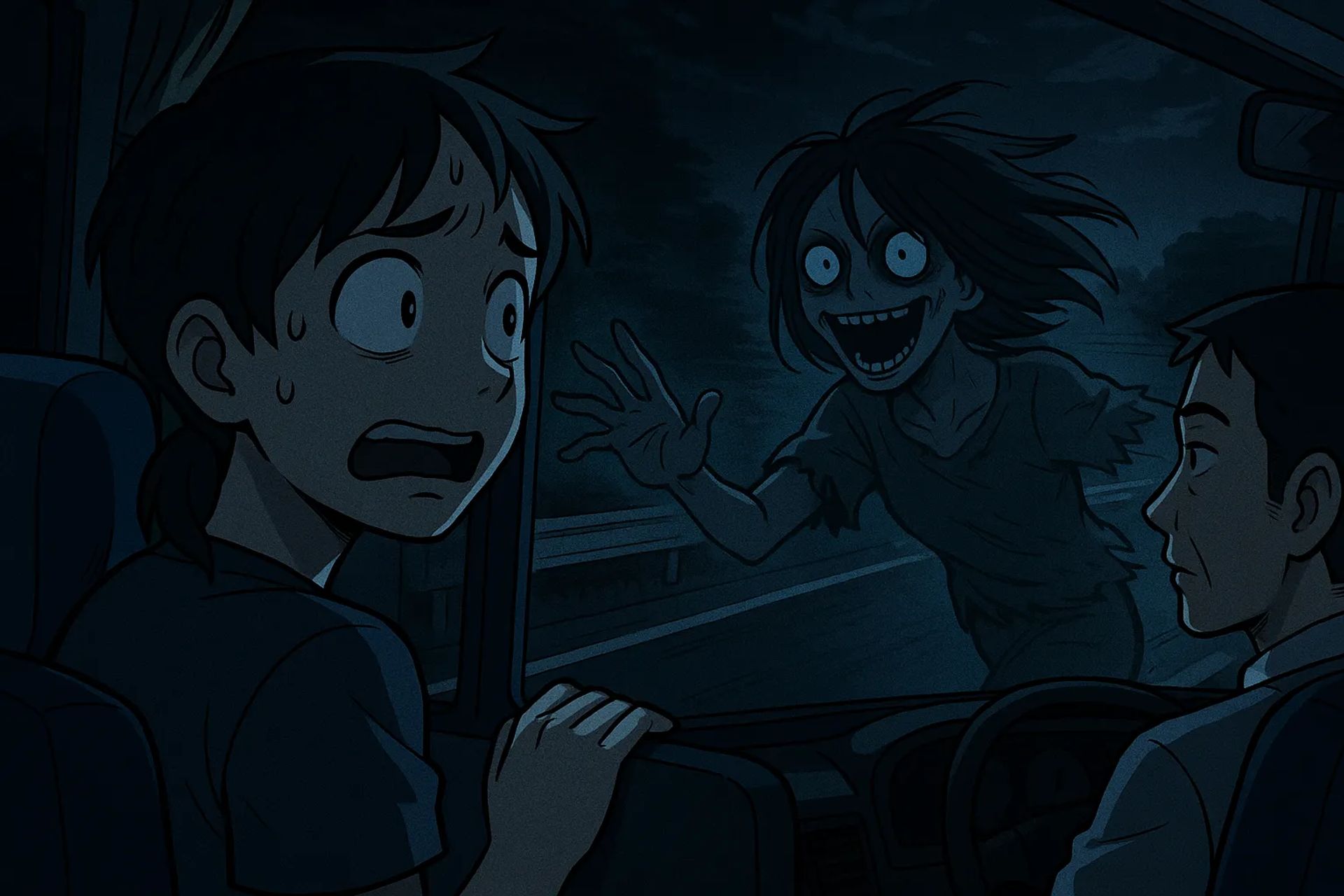 Japanese Ghost Story illustration "title: The Overnight Bus Experience"