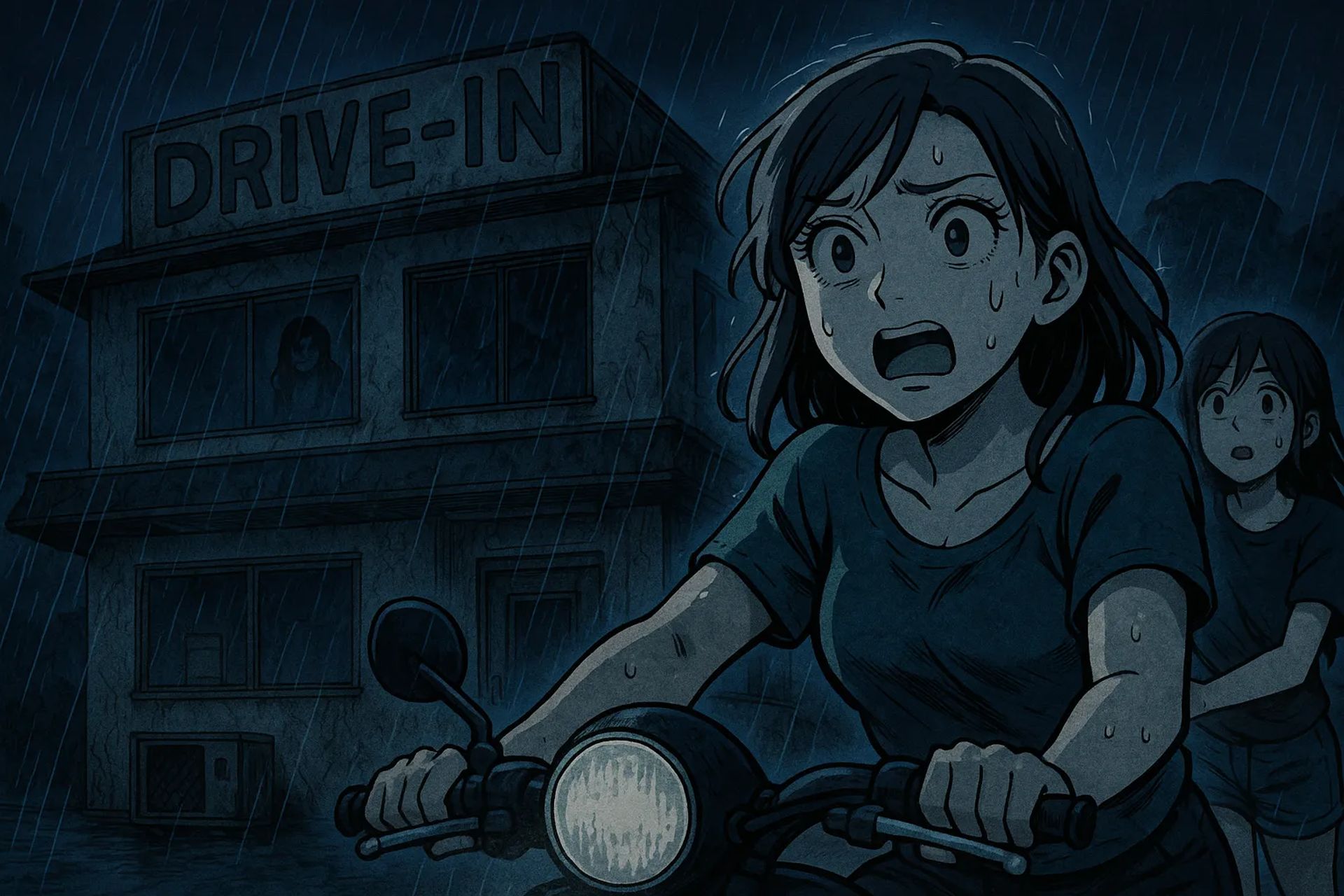 Japanese Ghost Story illustration "title: The Voice from the Drive-In"