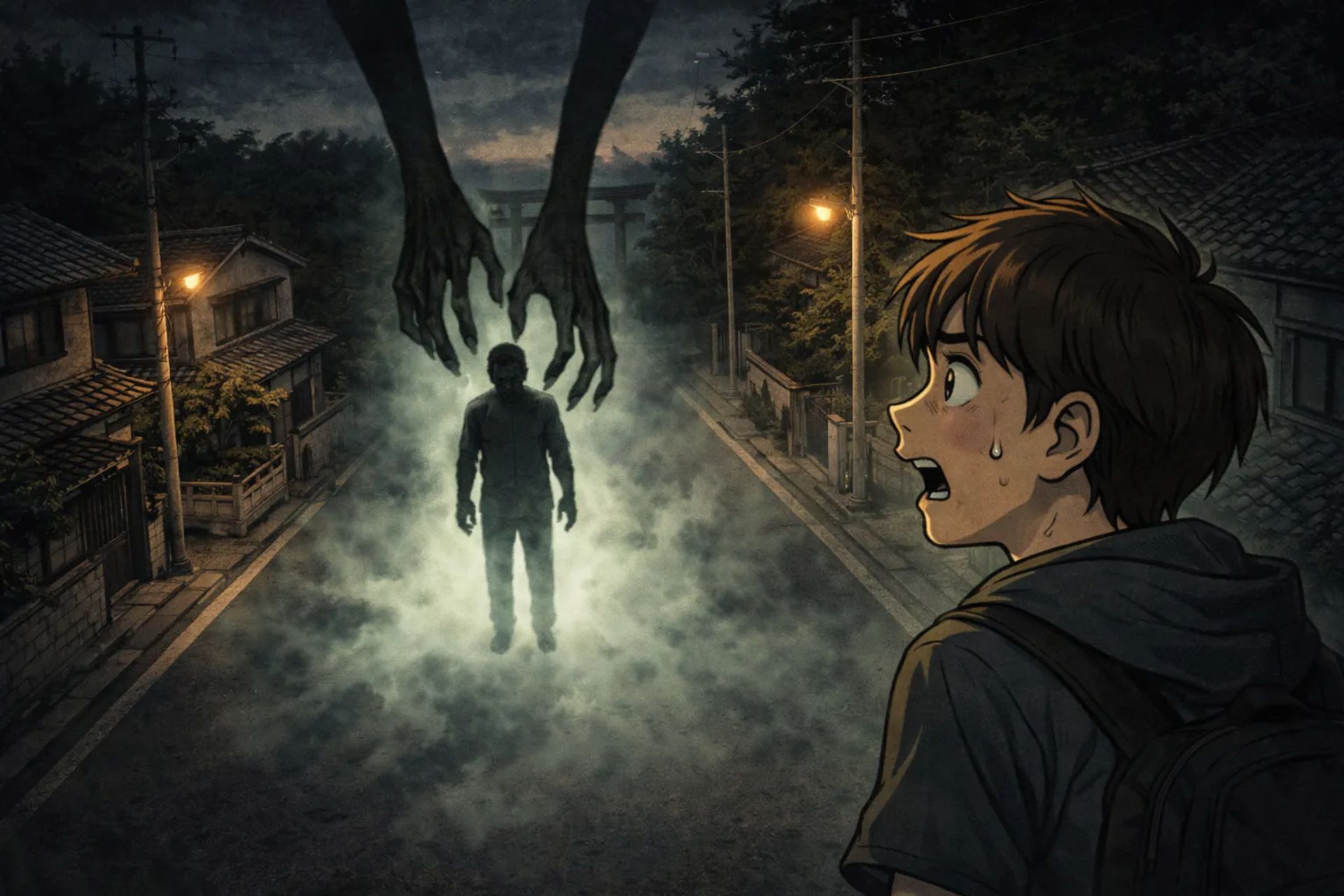Japanese Ghost Story illustration "title: The Bermuda Triangle in a Quiet Neighborhood"