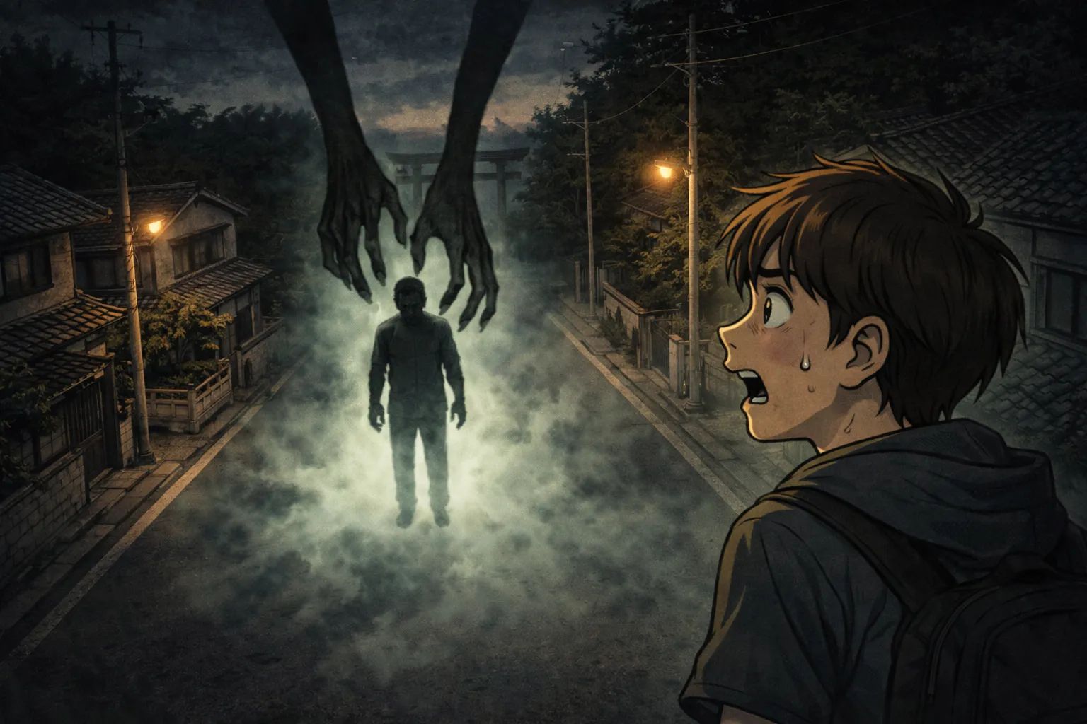 Japanese Ghost Story illustration "title: The Bermuda Triangle in a Quiet Neighborhood"