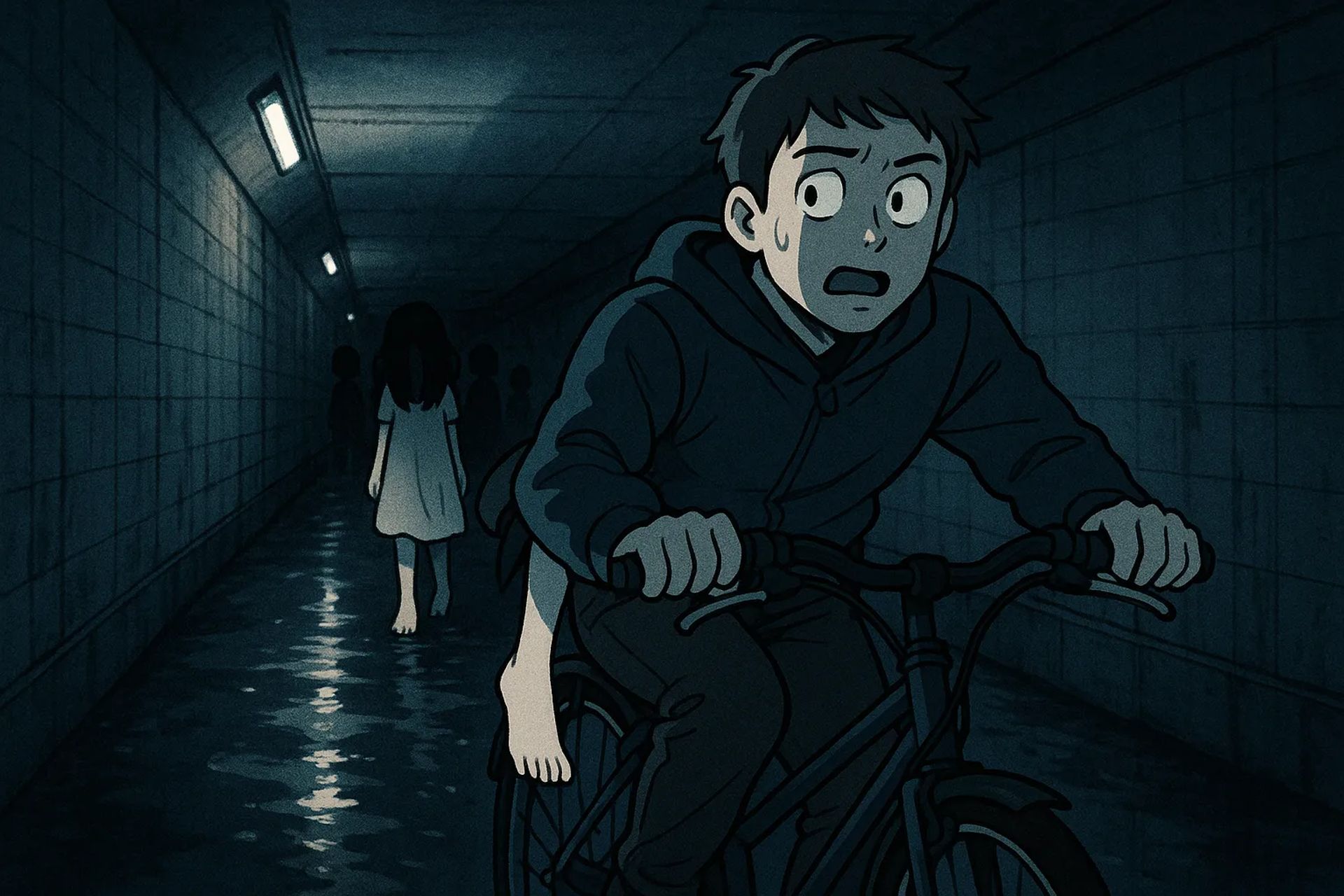 Japanese Ghost Story illustration "title: The Underpass and the Bicycle"