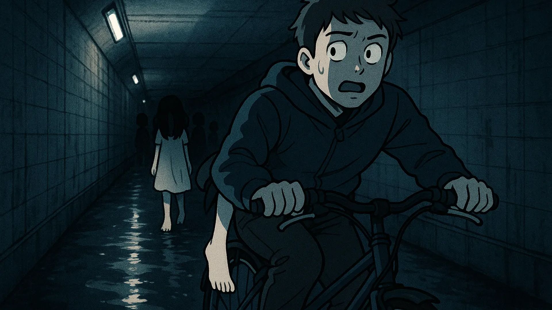 Japanese Ghost Story illustration "title: The Underpass and the Bicycle"
