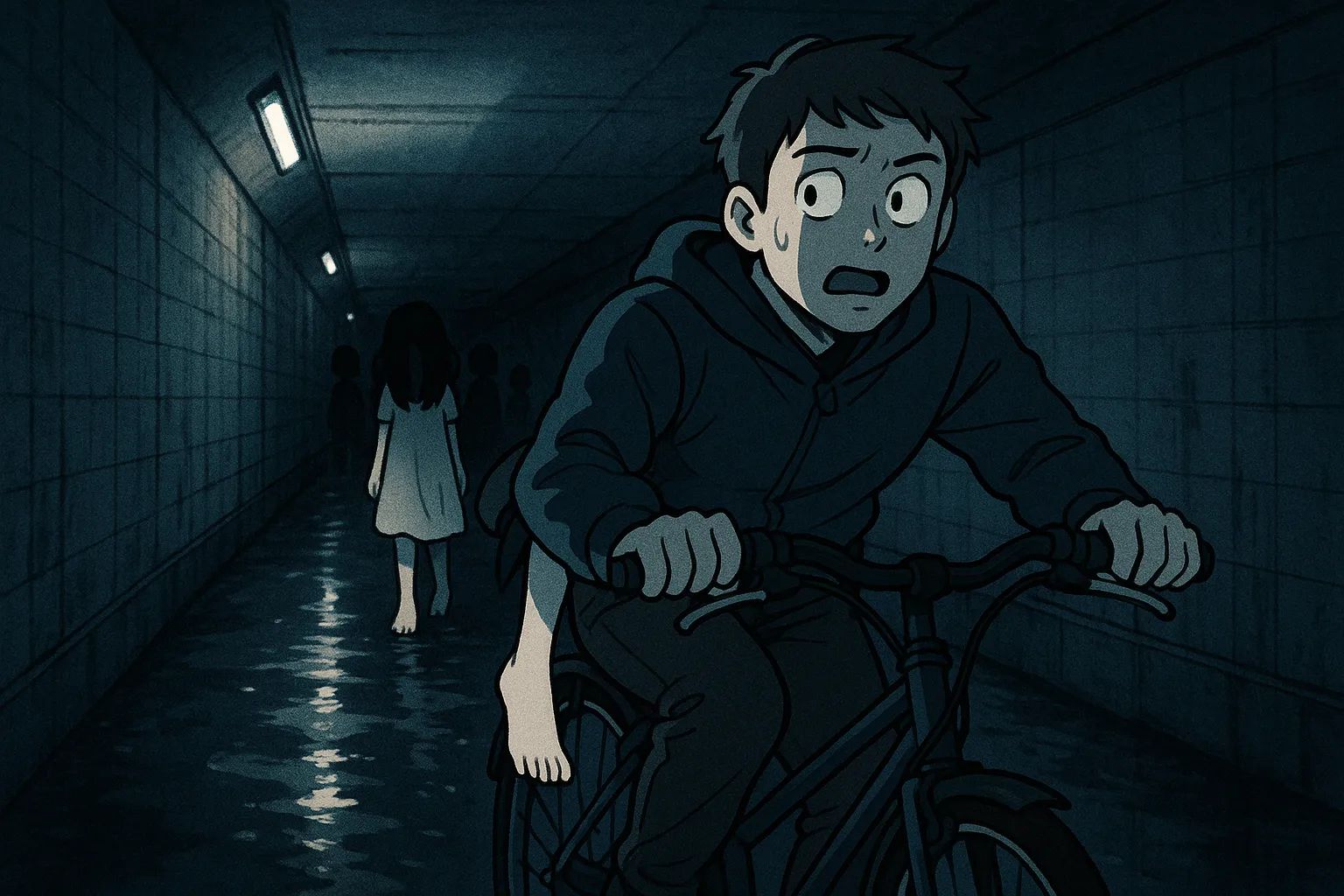 Japanese Ghost Story illustration "title: The Underpass and the Bicycle"