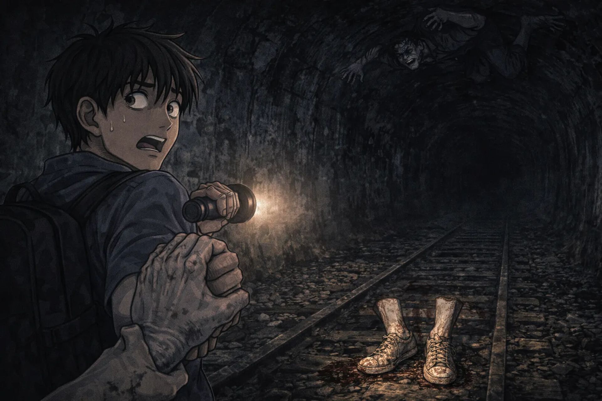 Japanese Ghost Story illustration "title: Abandoned Railway Hike"