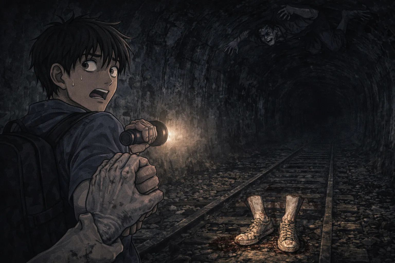 Japanese Ghost Story illustration "title: Abandoned Railway Hike"