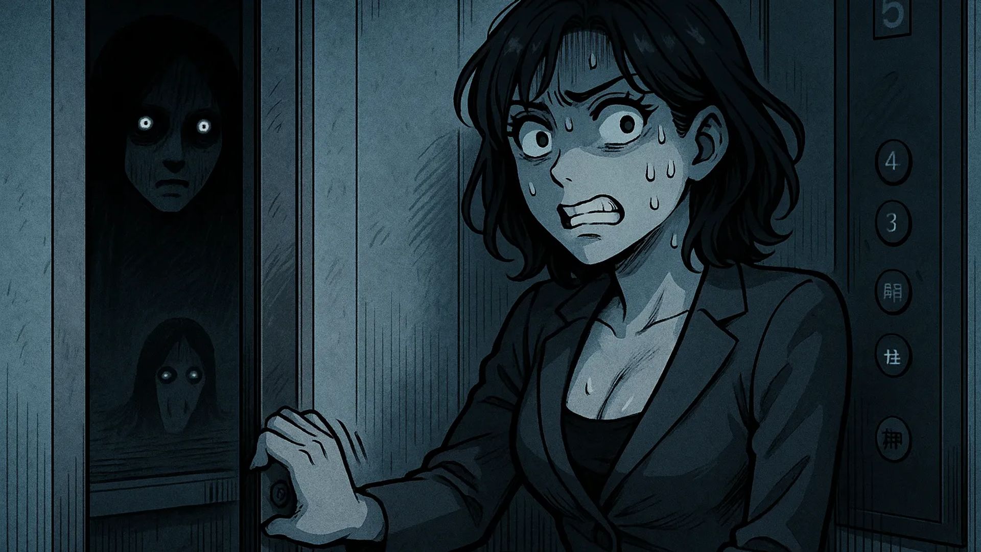 Japanese Ghost Story illustration "title: The Gap in the Elevator"