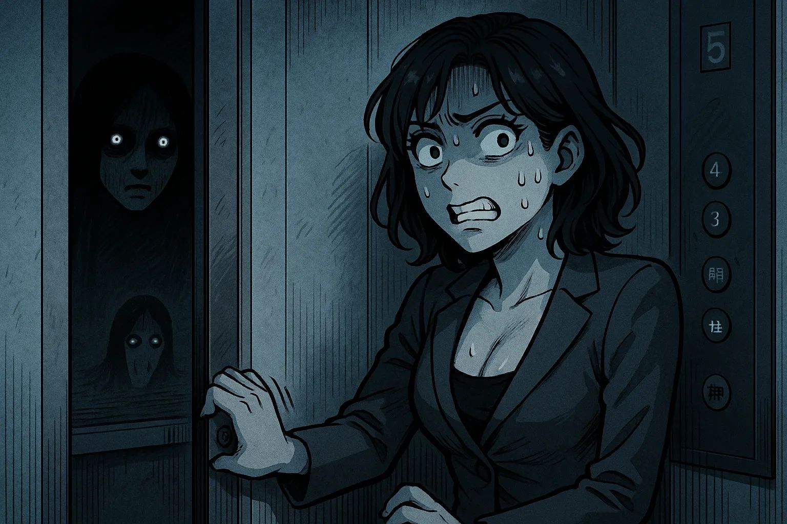 Japanese Ghost Story illustration "title: The Gap in the Elevator"