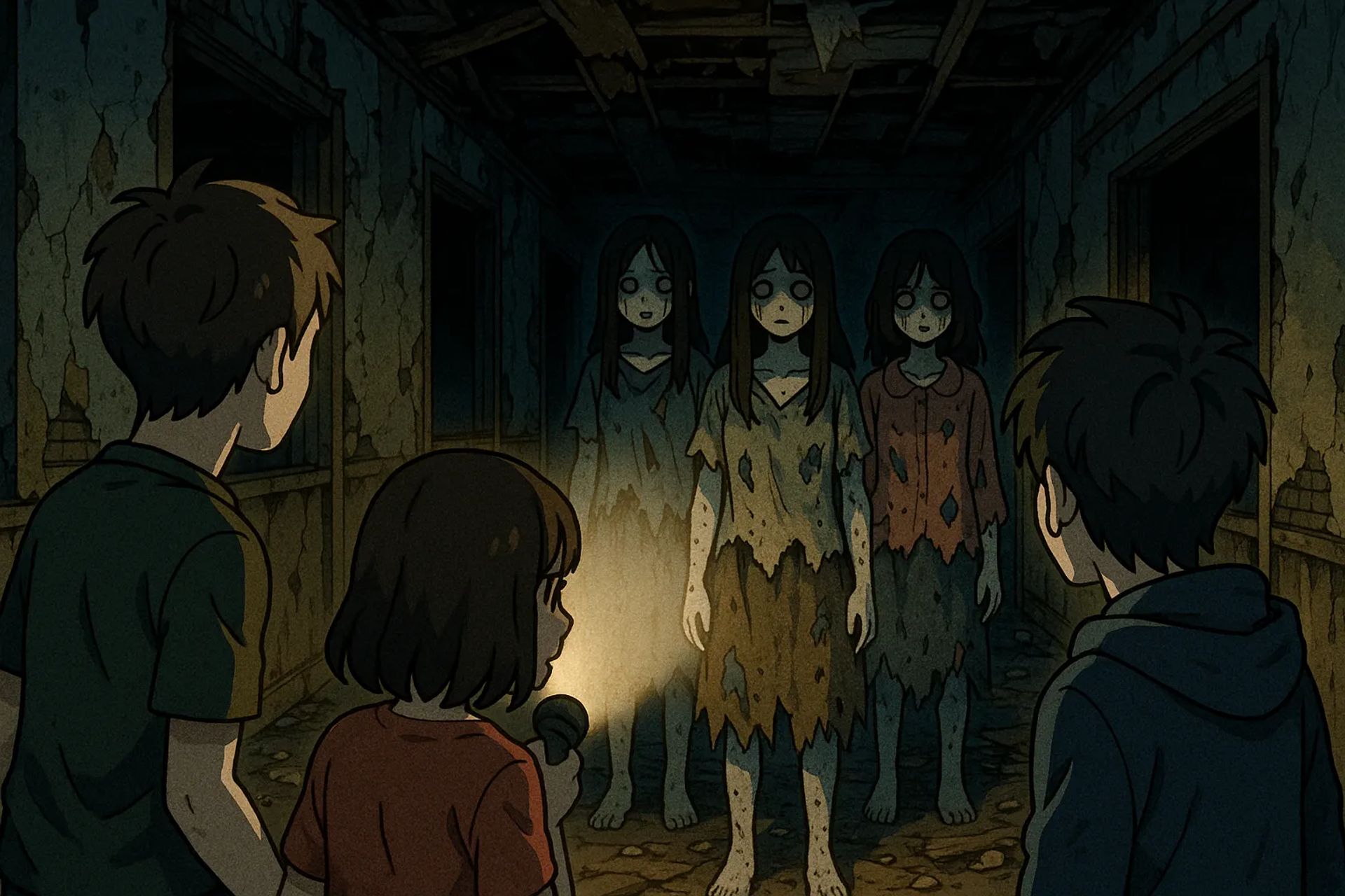 Japanese Ghost Story illustration "title: Encounter at the Abandoned Retreat"