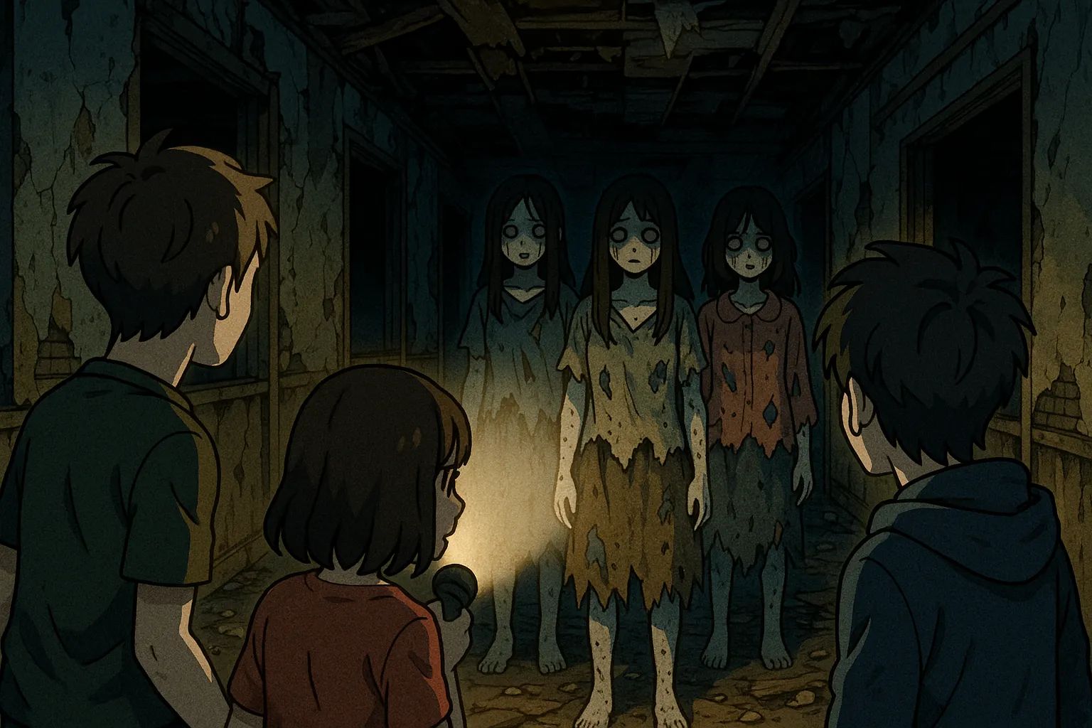 Japanese Ghost Story illustration "title: Encounter at the Abandoned Retreat"