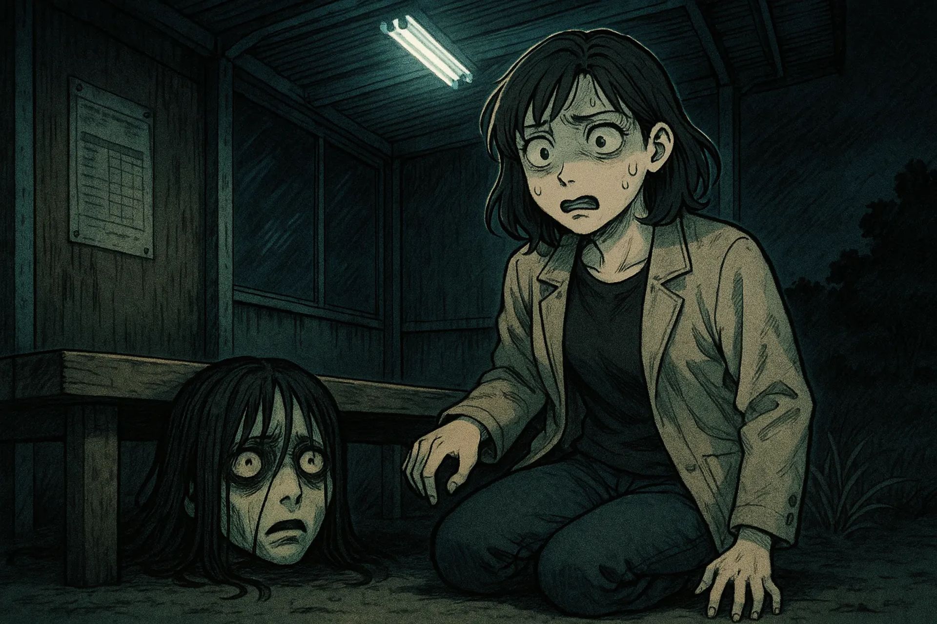 Japanese Ghost Story illustration "title: The Abandoned Bus Stop"