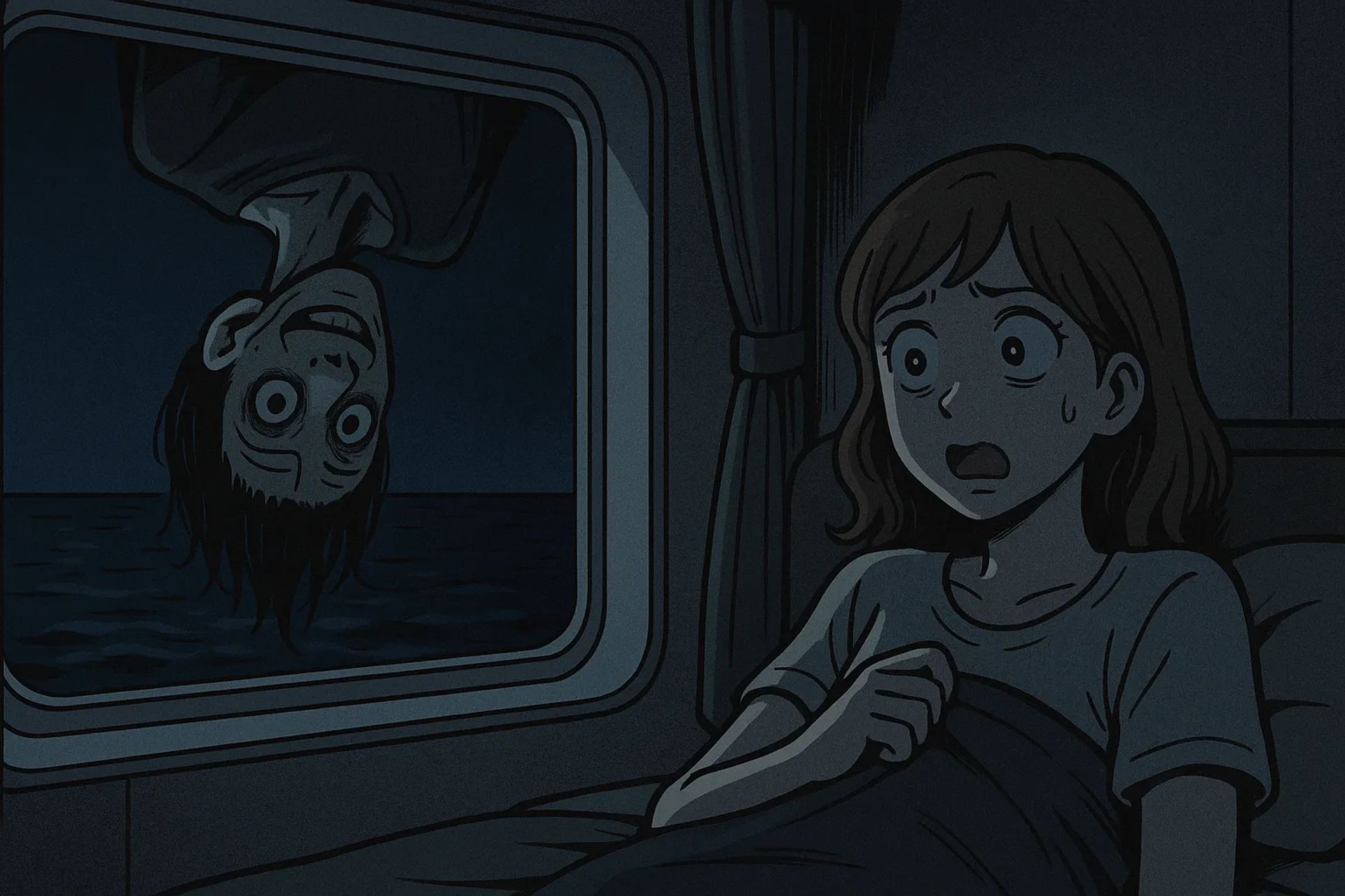 Japanese Ghost Story illustration "title: The Thing Clinging to the Ferry"