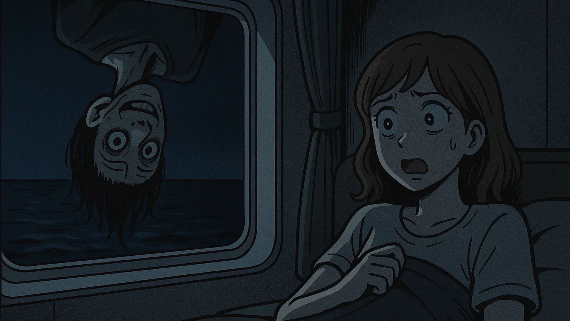 Japanese Ghost Story illustration "title: The Thing Clinging to the Ferry"