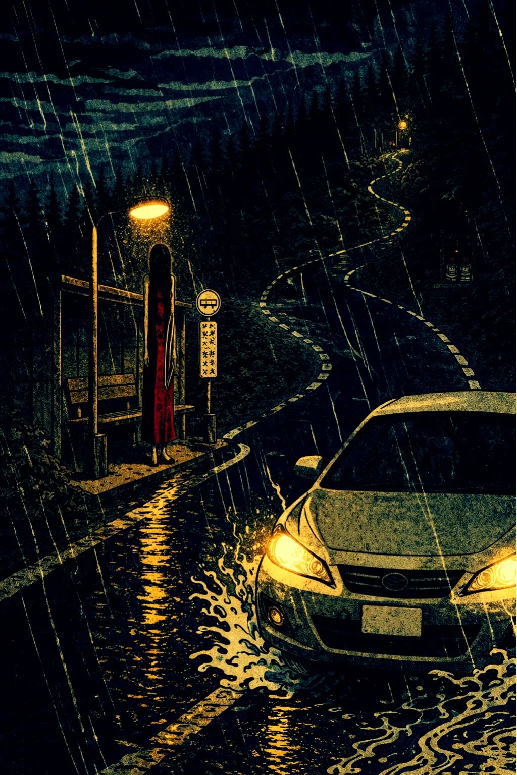 Japanese Ghost Story illustration "title: The Woman at the Bus Stop"