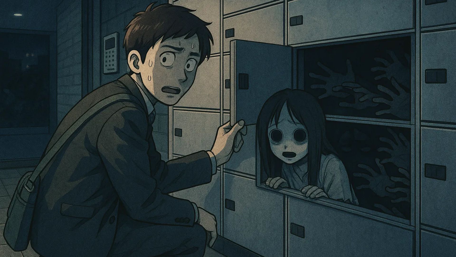 Japanese Ghost Story illustration "title: The Voice in the Delivery Locker"