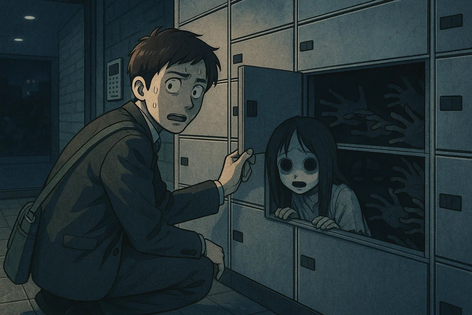 Japanese Ghost Story illustration "title: The Voice in the Delivery Locker"