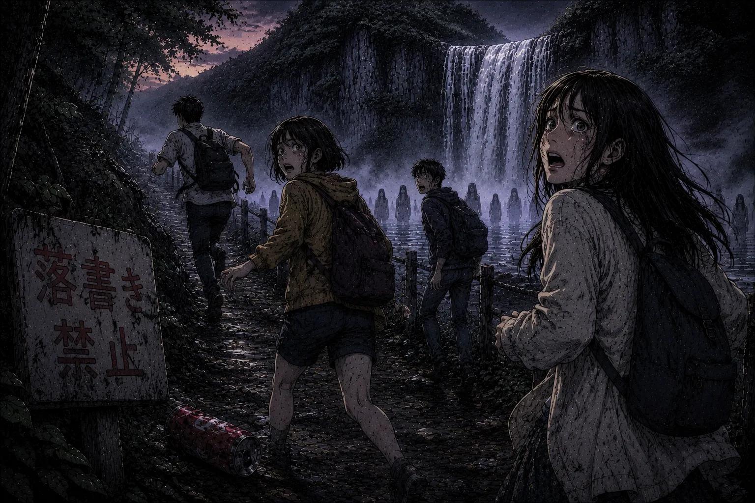 Japanese Ghost Story illustration "title: 滝へ続く道"