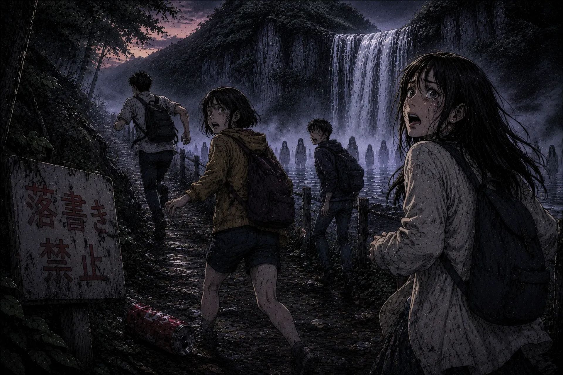 Japanese Ghost Story illustration "title: The Road to the Waterfall"