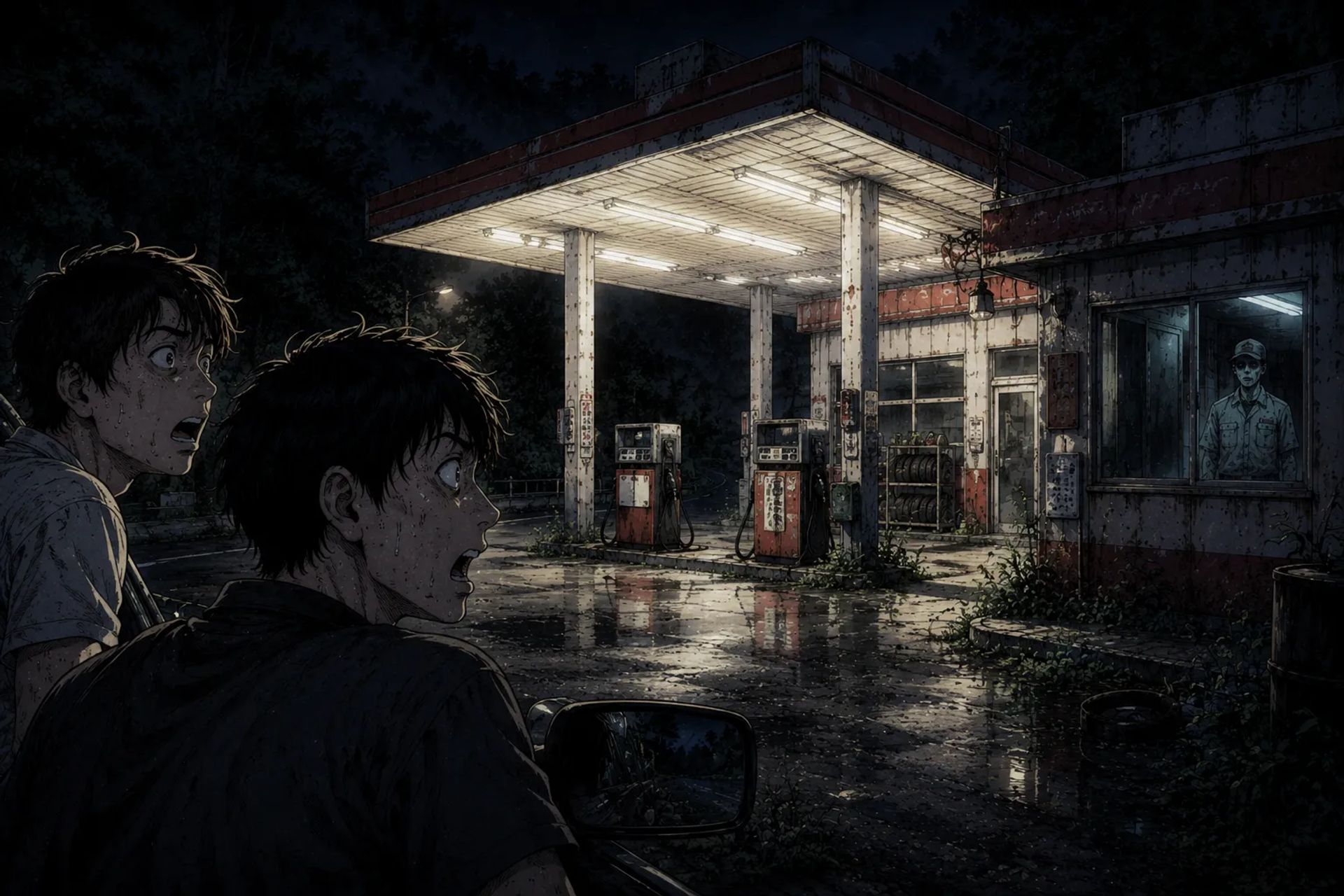 Japanese Ghost Story illustration "title: The Ghost Gas Station"