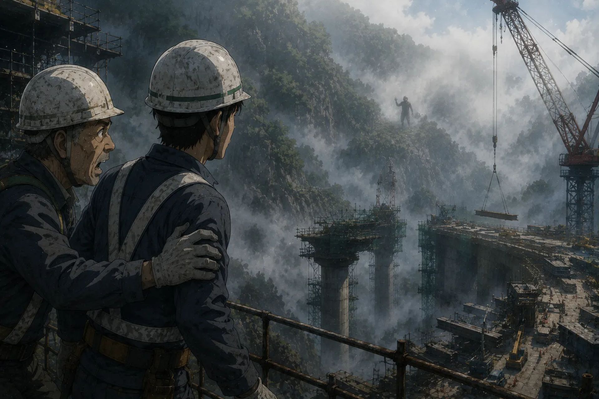 Japanese Ghost Story illustration "title: The Mountain Construction Site"