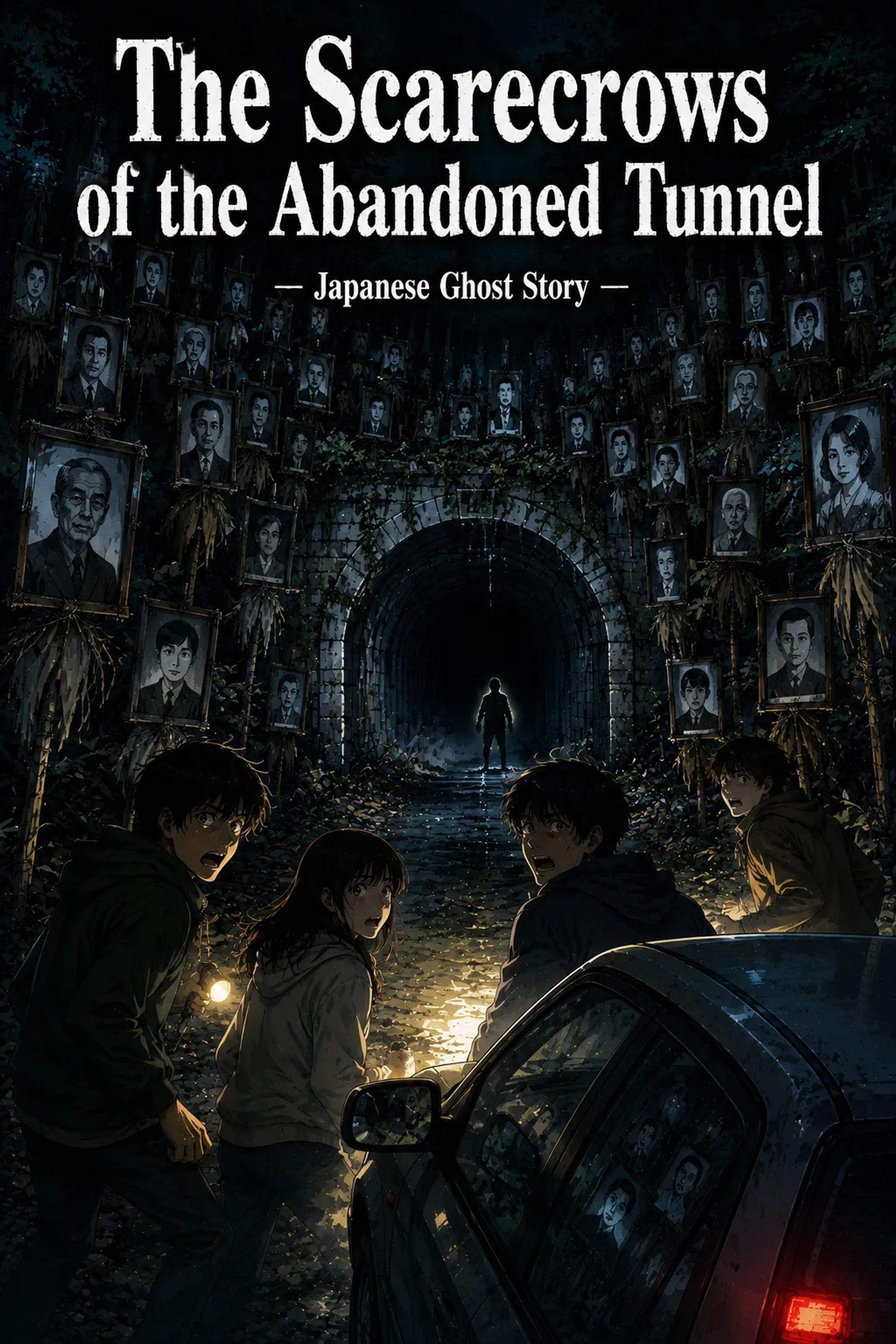 Japanese Ghost Story illustration "title: The Scarecrows of the Abandoned Tunnel"