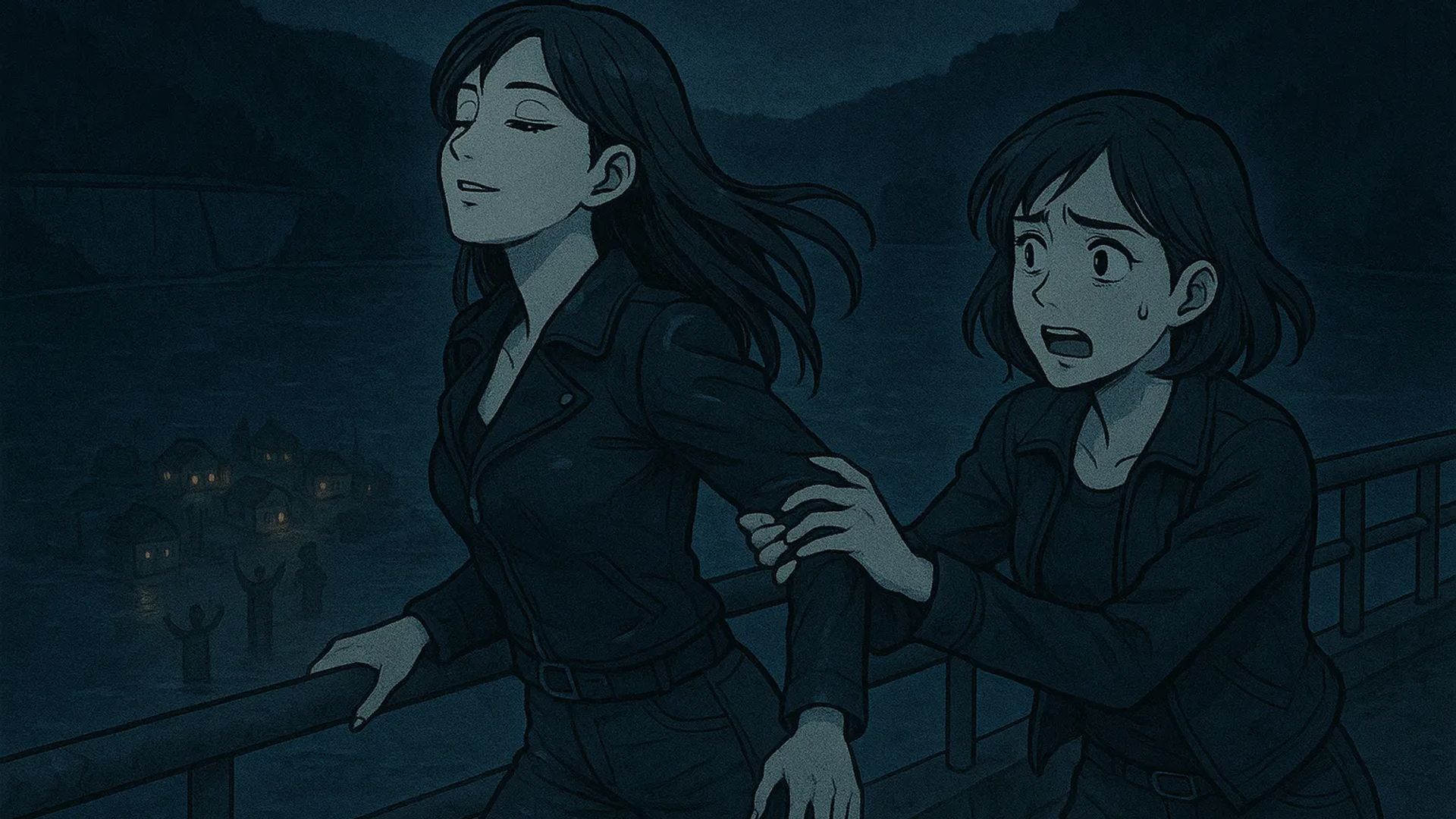 Japanese Ghost Story illustration "title: The Village of Lights in the Dam Lake"