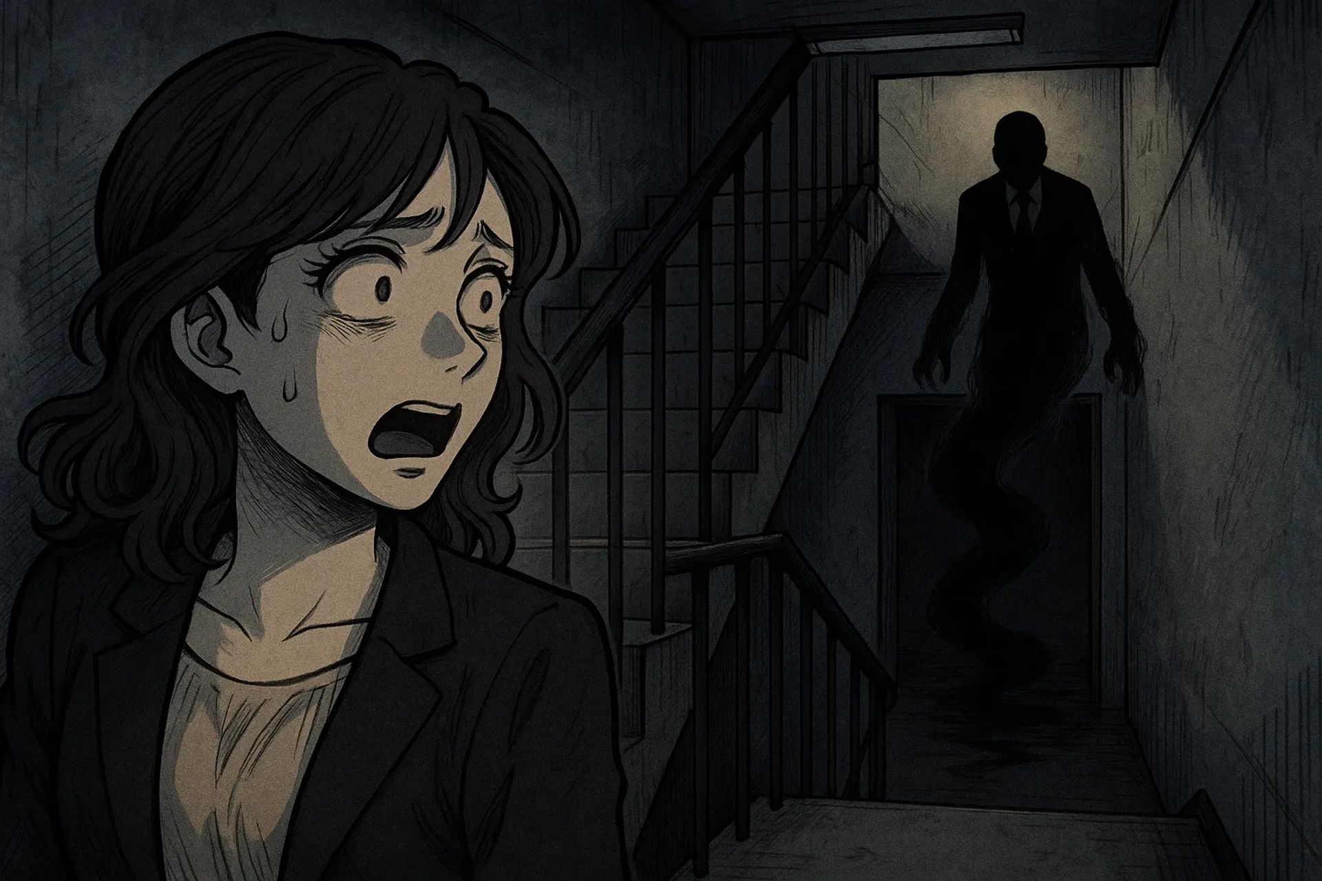 Japanese Ghost Story illustration "title: Stairs in a Multi-Tenant Building"