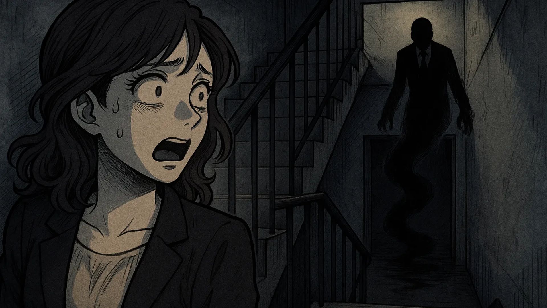 Japanese Ghost Story illustration "title: Stairs in a Multi-Tenant Building"