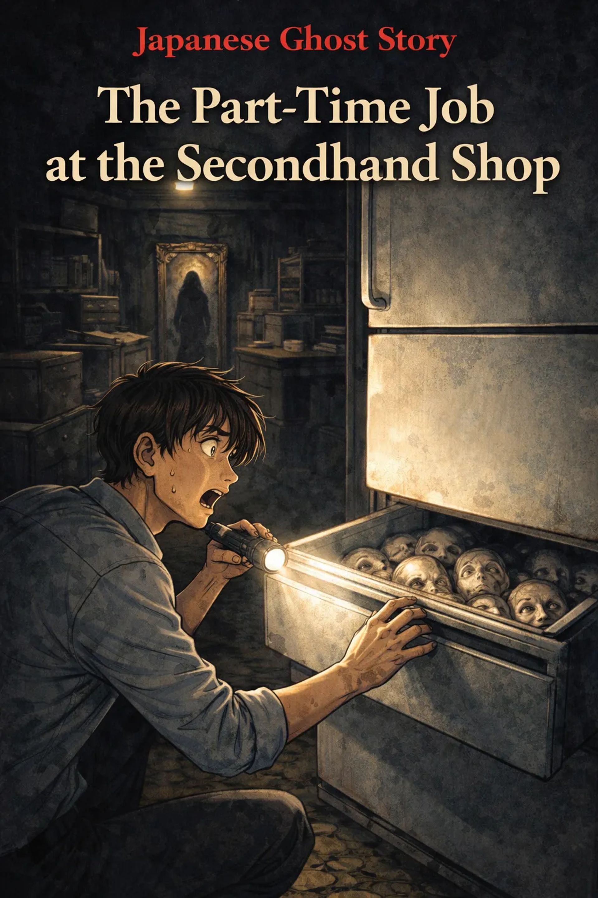Japanese Ghost Story illustration "title: The Part-Time Job at the Secondhand Shop"