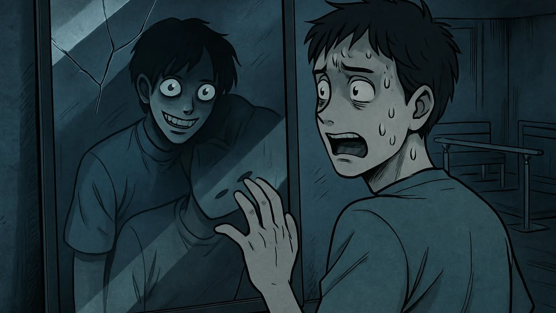 Japanese Ghost Story illustration "title: The Mirror in the Rehabilitation Room"